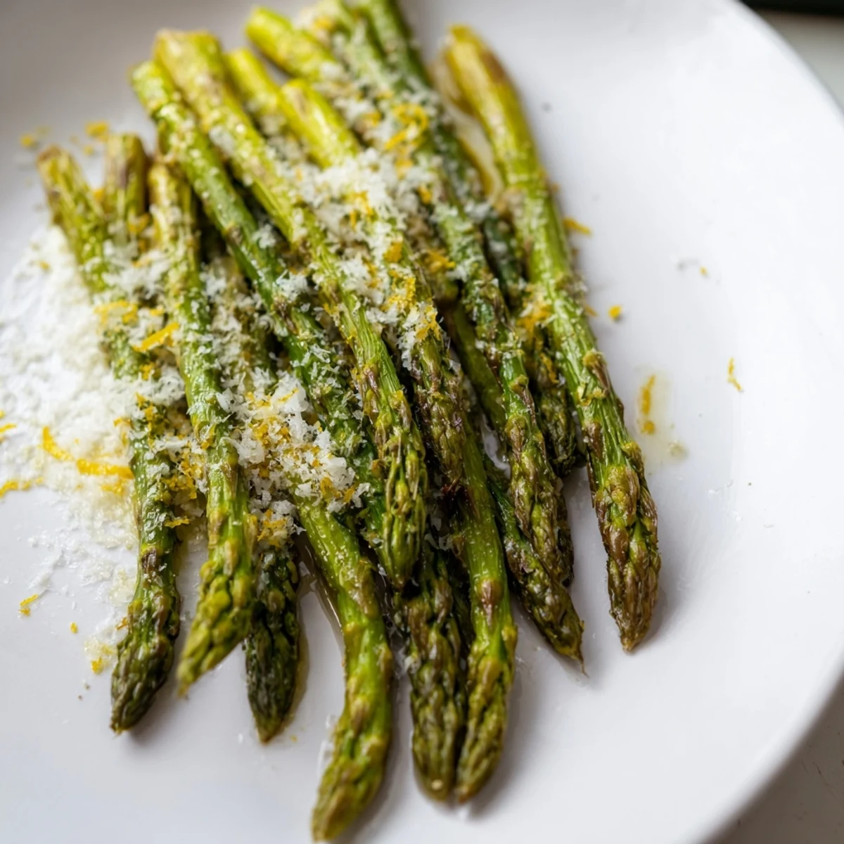 Roasted Asparagus with Parmesan Cheese and Lemon on a plate, garnished with fresh lemon wedges for a bright side dish.