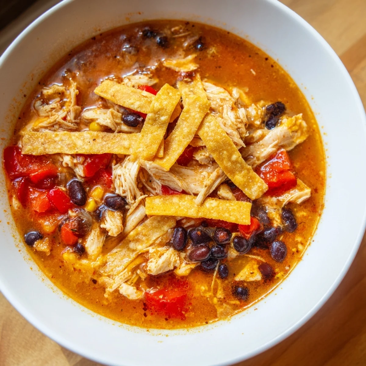 A close-up of Chicken Tortilla Soup with crispy golden corn tortilla strips piled high on a vibrant tomato broth with shredded chicken and black beans.