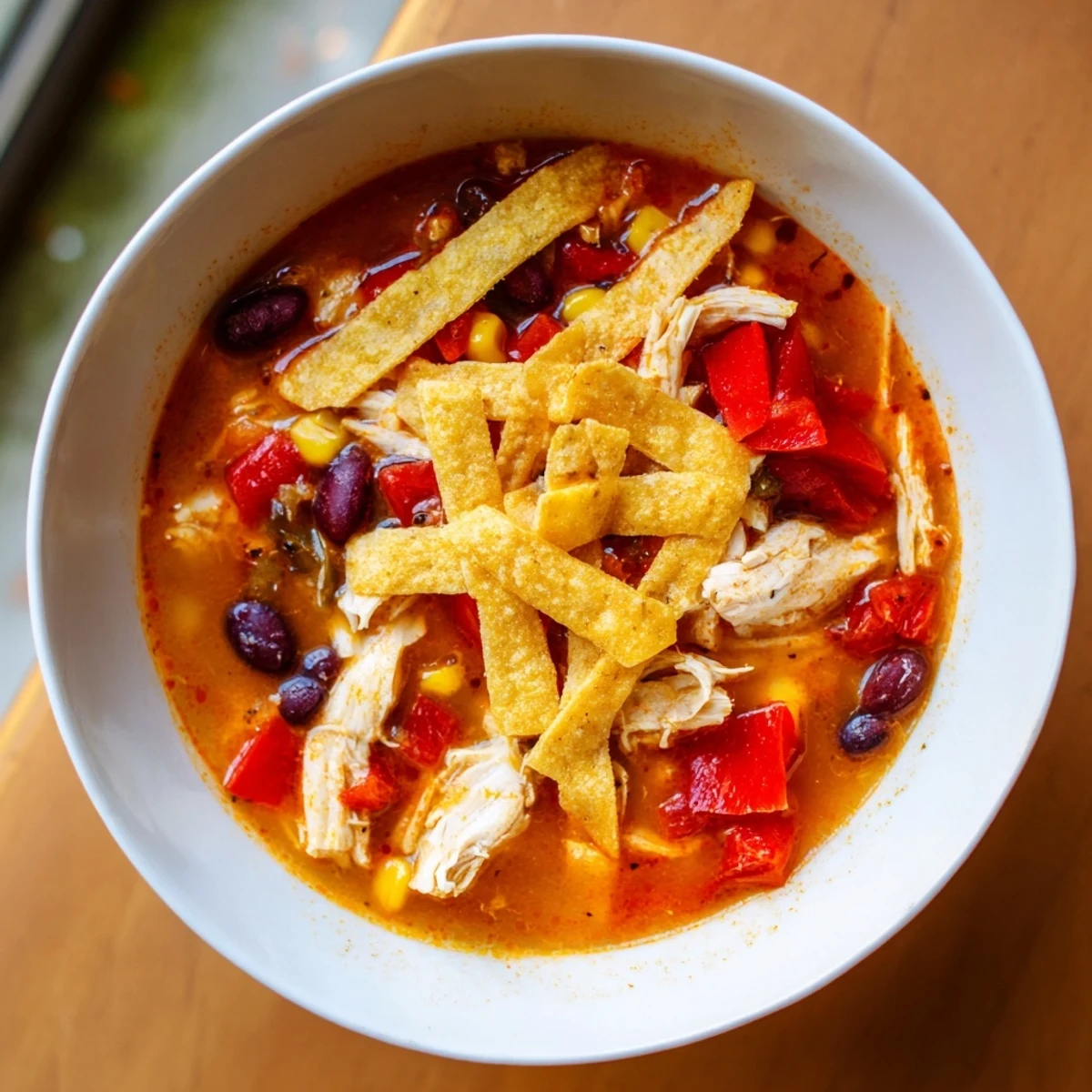 Overhead view of a steaming bowl of Chicken Tortilla Soup garnished with fresh cilantro, diced avocado, and lime wedges served next to a cold beer.