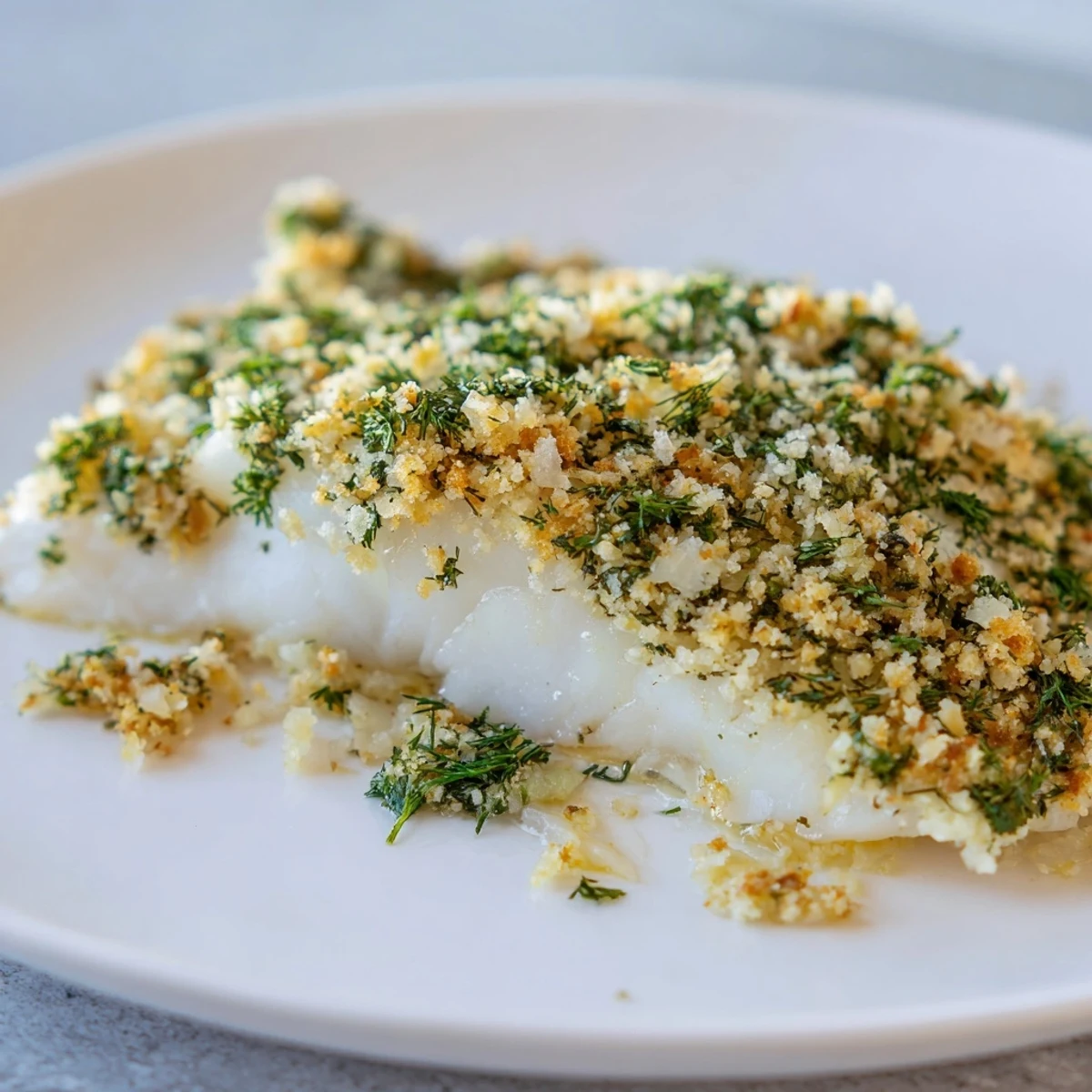 Golden-brown Baked Cod with Lemon Herb Panko Breadcrumbs fresh from the oven, served with lemon wedges.