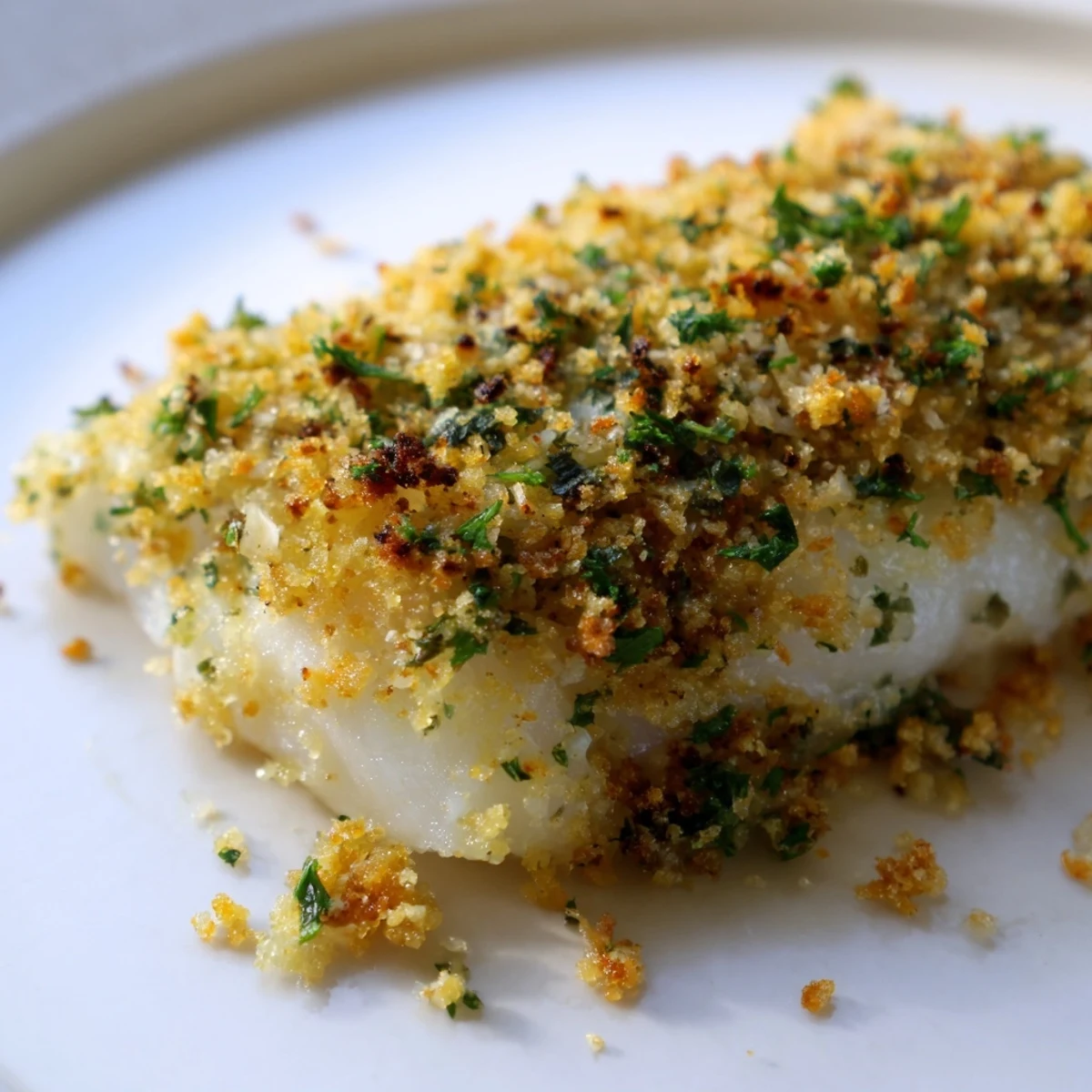 Flaky white fish fillets topped with crisp panko and fresh herbs on a white plate.
