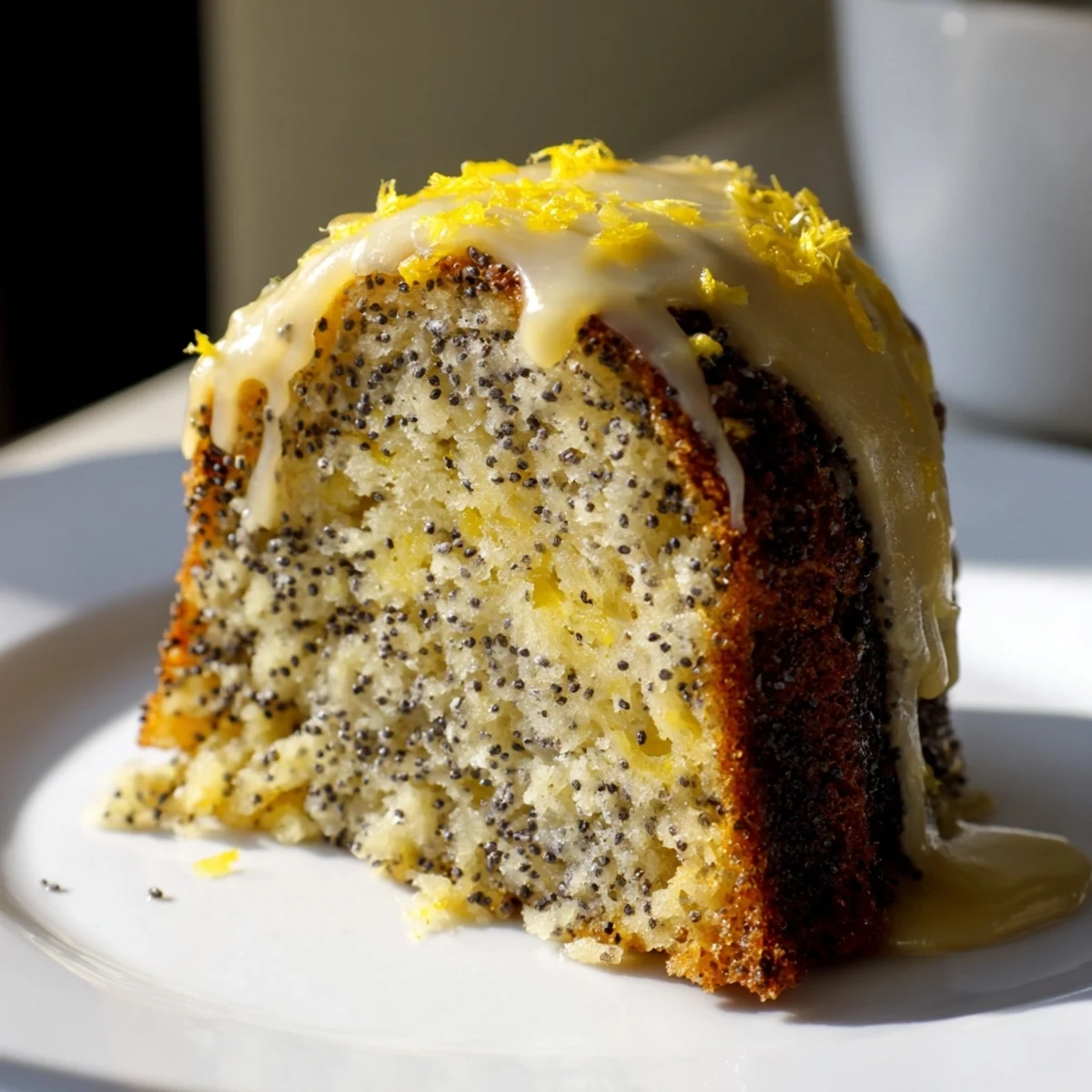 Sliced wedge of moist lemon poppy seed Bundt Cake revealing a tender crumb speckled with dark poppy seeds.