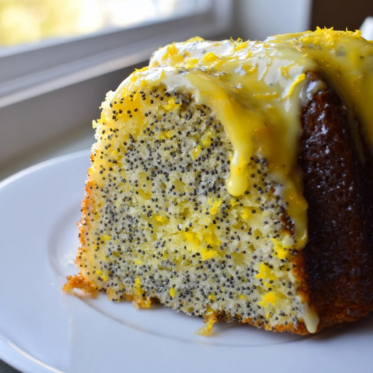 A whole Lemon Poppy Seed Bundt Cake topped with shiny glaze and fresh lemon zest on a rustic table.