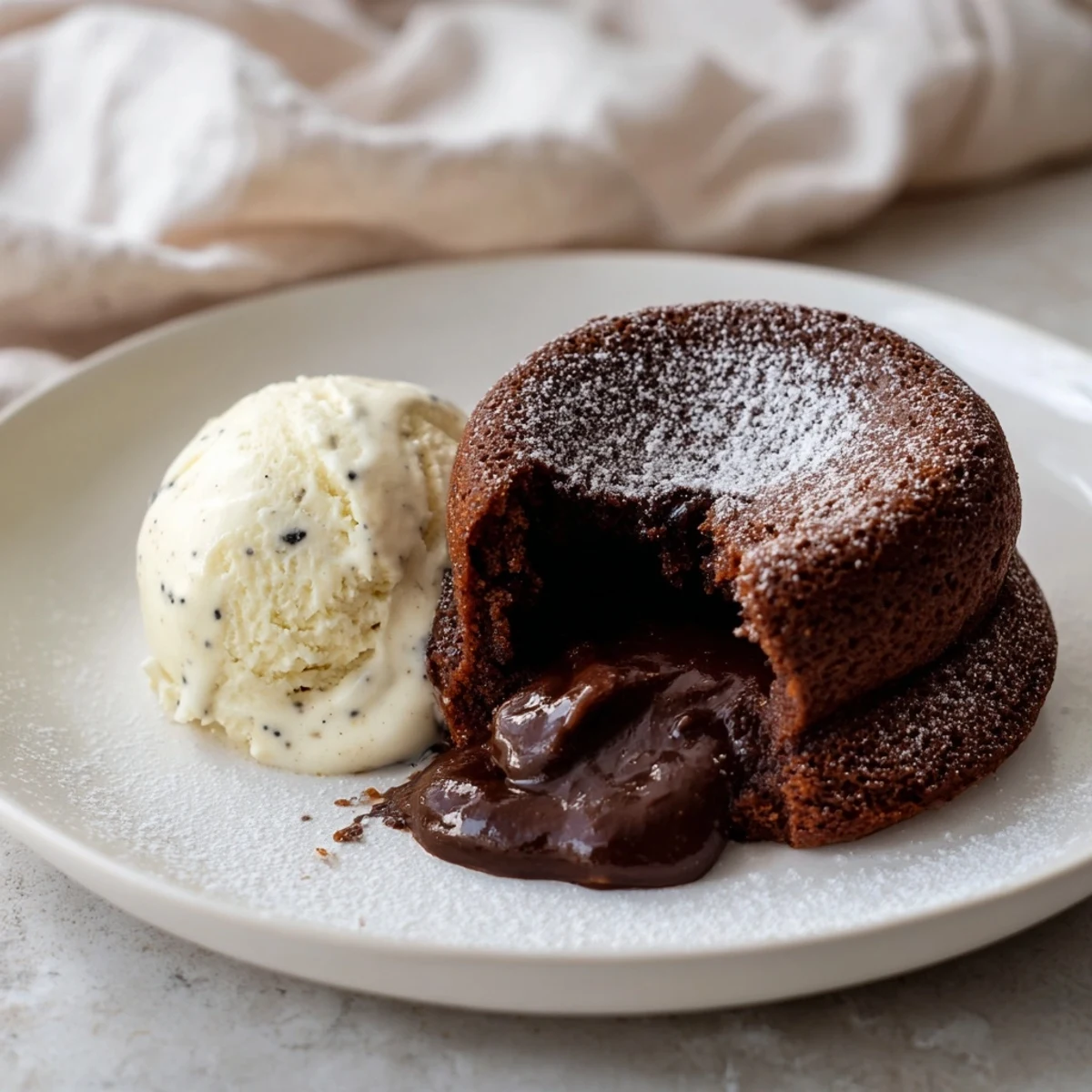 Warm Chocolate Lava Cakes with Vanilla Bean Ice Cream topped with powdered sugar and raspberries.