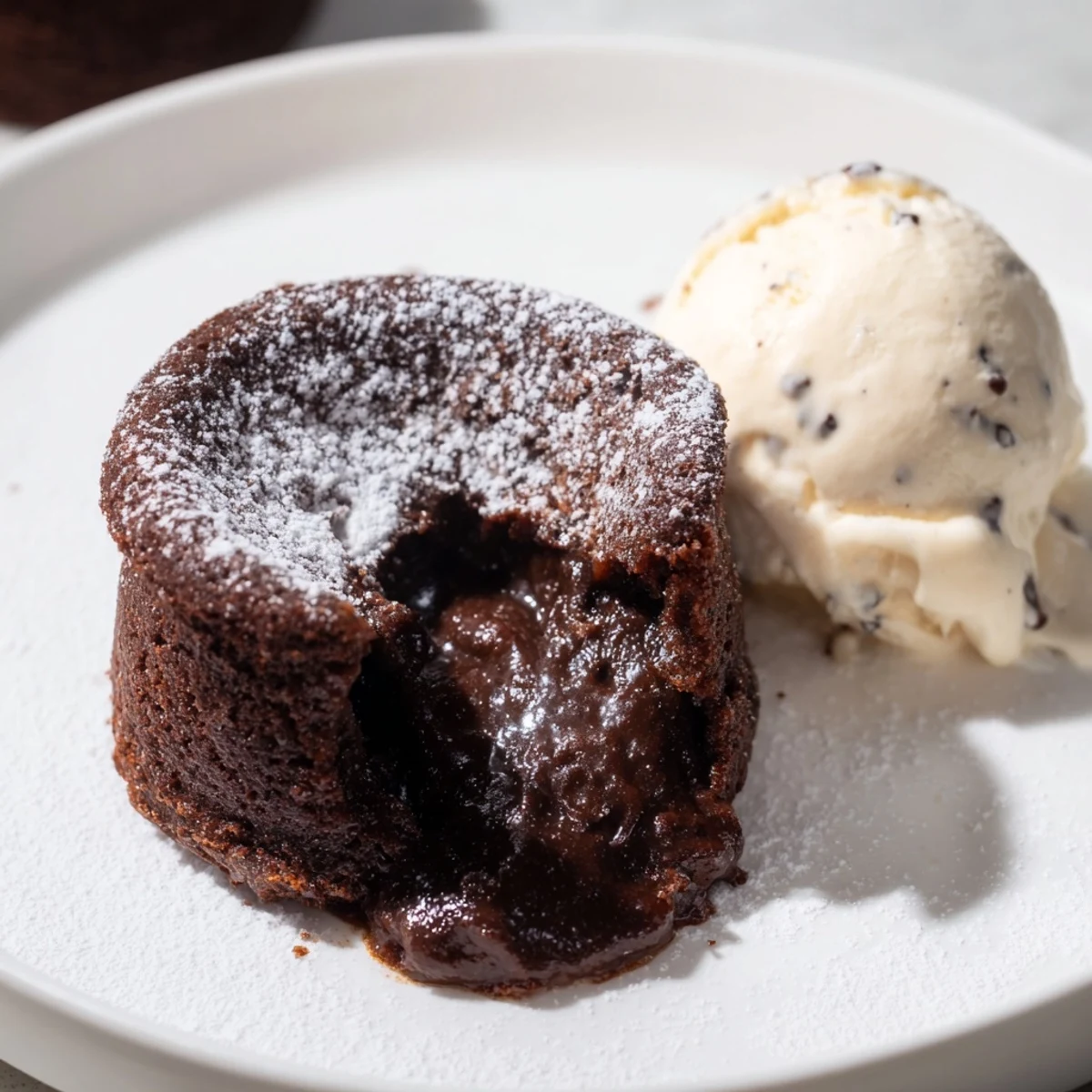 Four individual Chocolate Lava Cakes with Vanilla Bean Ice Cream garnished with cocoa powder and fresh berries.