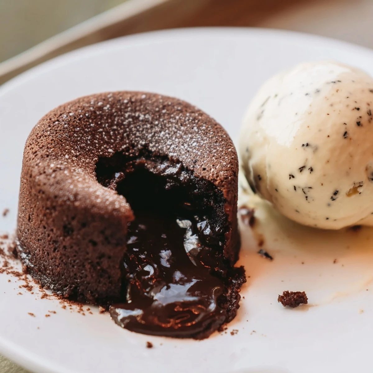 Classic Chocolate Lava Cakes with Vanilla Bean Ice Cream oozing molten chocolate onto a white plate.