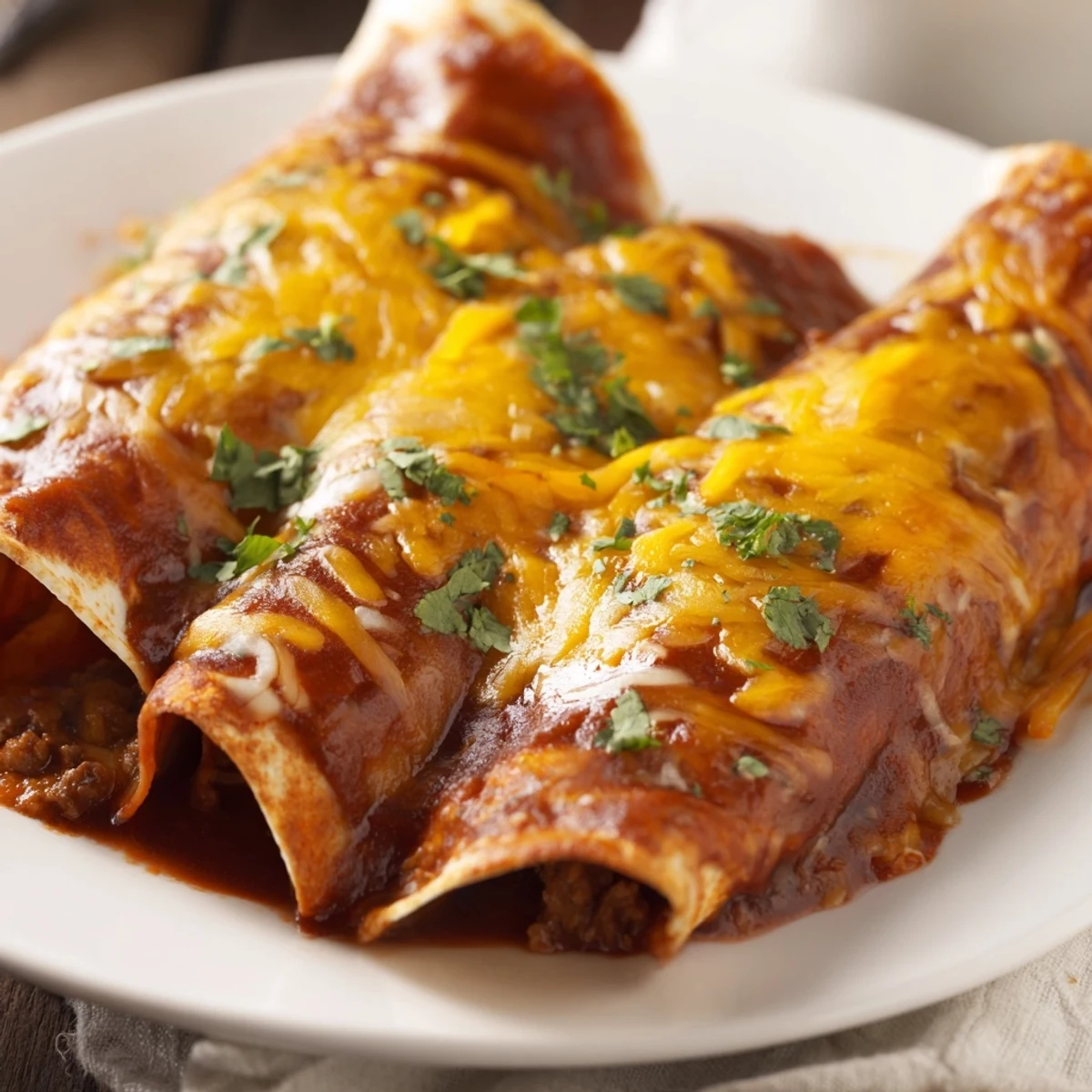 Golden brown Beef Enchiladas with red enchilada sauce and melted cheese are garnished with fresh cilantro.