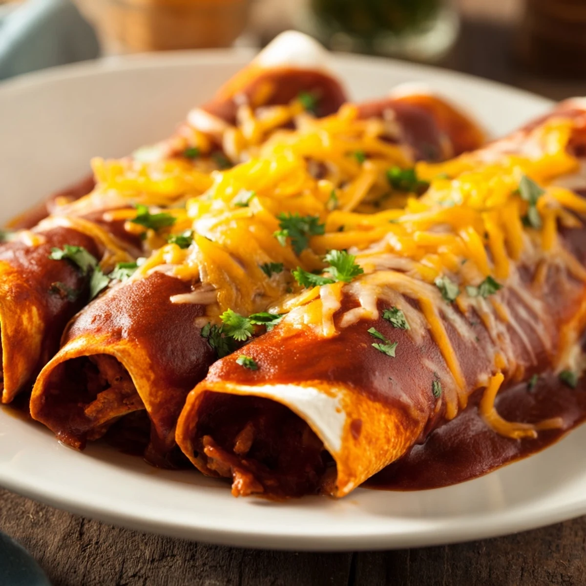 Freshly baked Beef Enchiladas with red sauce and gooey cheese filling are served with sour cream.