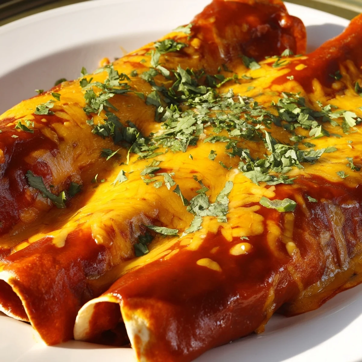 Close-up of Beef Enchiladas with red enchilada sauce and shredded cheese, ready to be served hot.