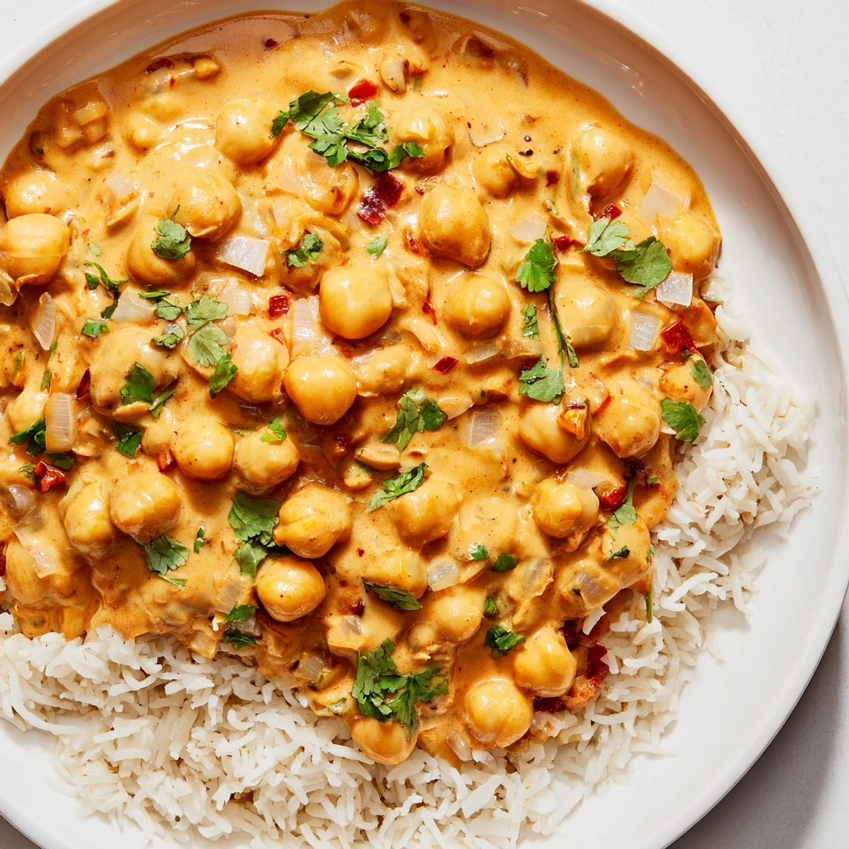 Warm Vegan Chickpea Tikka Masala with fluffy basmati rice, garnished with fresh cilantro.