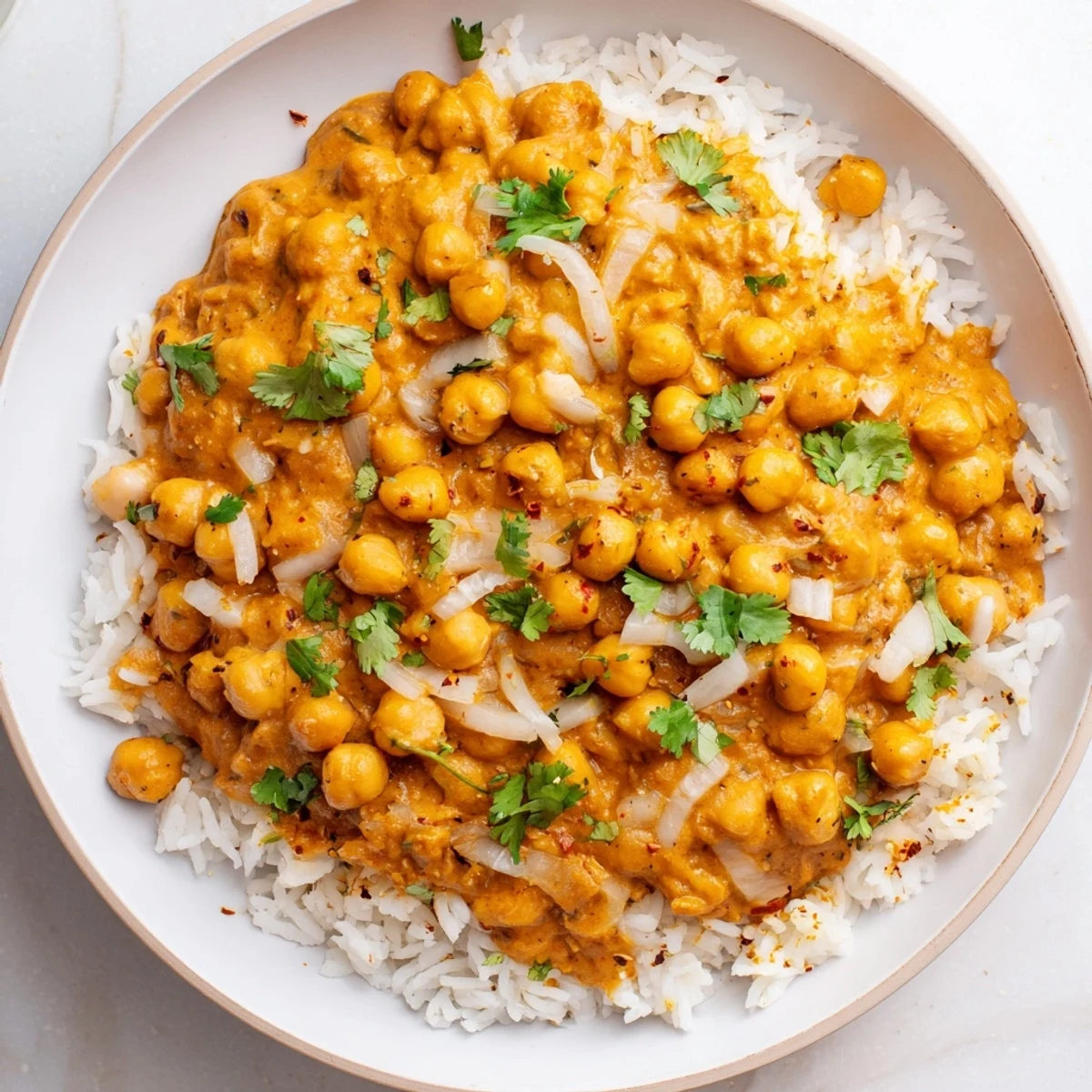 Creamy coconut curry with tender chickpeas served over basmati rice and fresh cilantro.