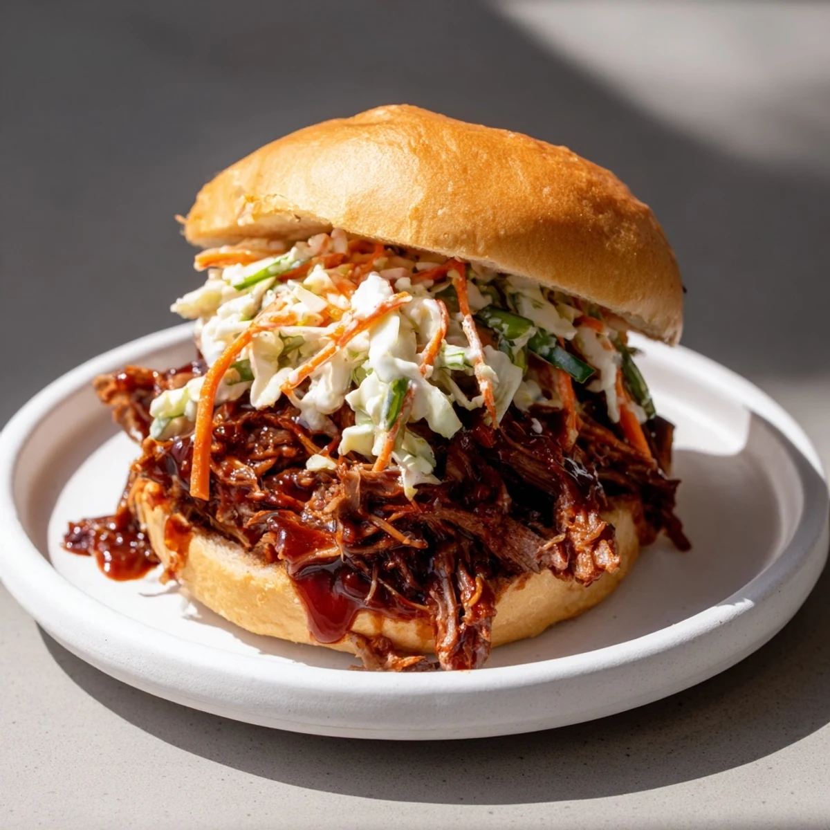 Tender beef piled high on a soft bun, topped with creamy coleslaw and barbecue sauce drizzle.