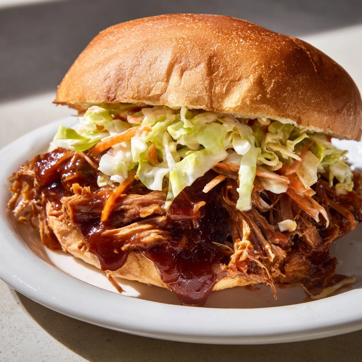 A close-up of Slow Cooker Pulled Beef Sandwiches with Coleslaw, ready to serve at a picnic.