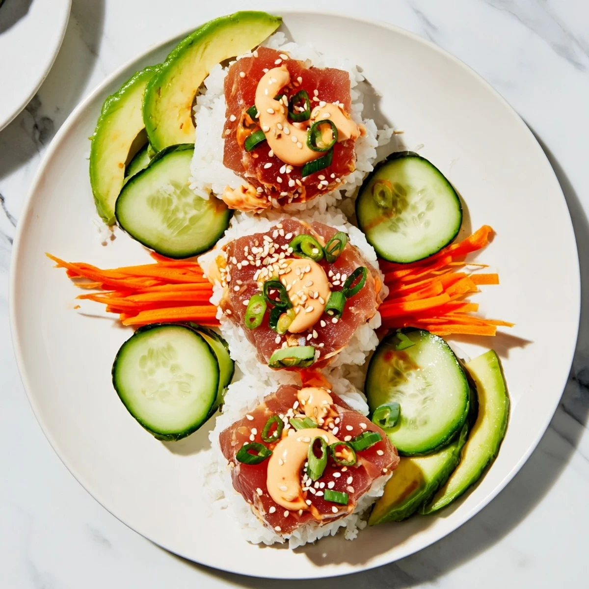 Bright bowl of homemade Spicy Tuna Poke with creamy avocado slices, crunchy cucumber, and sesame seeds on seasoned sushi rice.