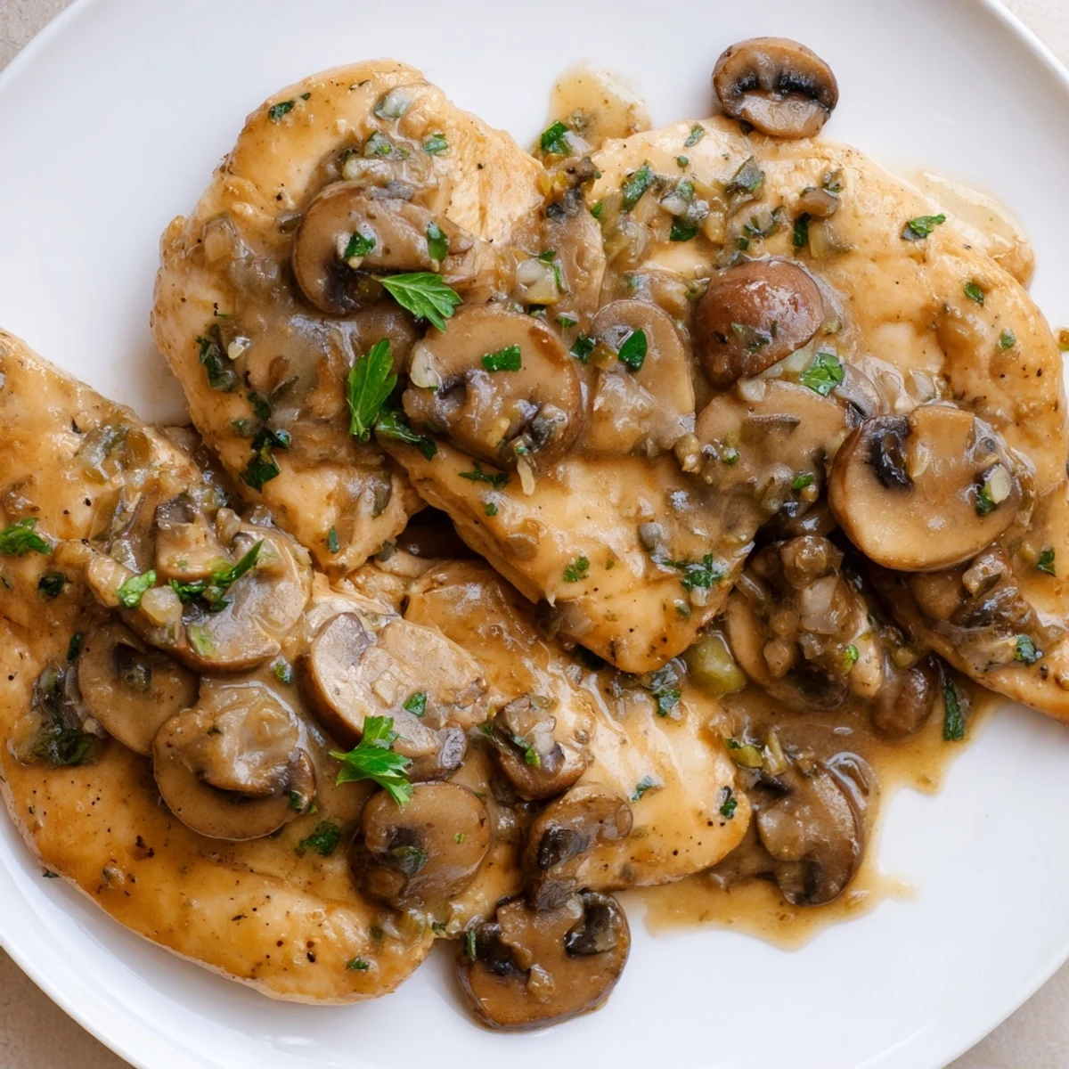 Golden-brown, tender Chicken Marsala with mushrooms and parsley on a white plate, ready to serve over pasta.