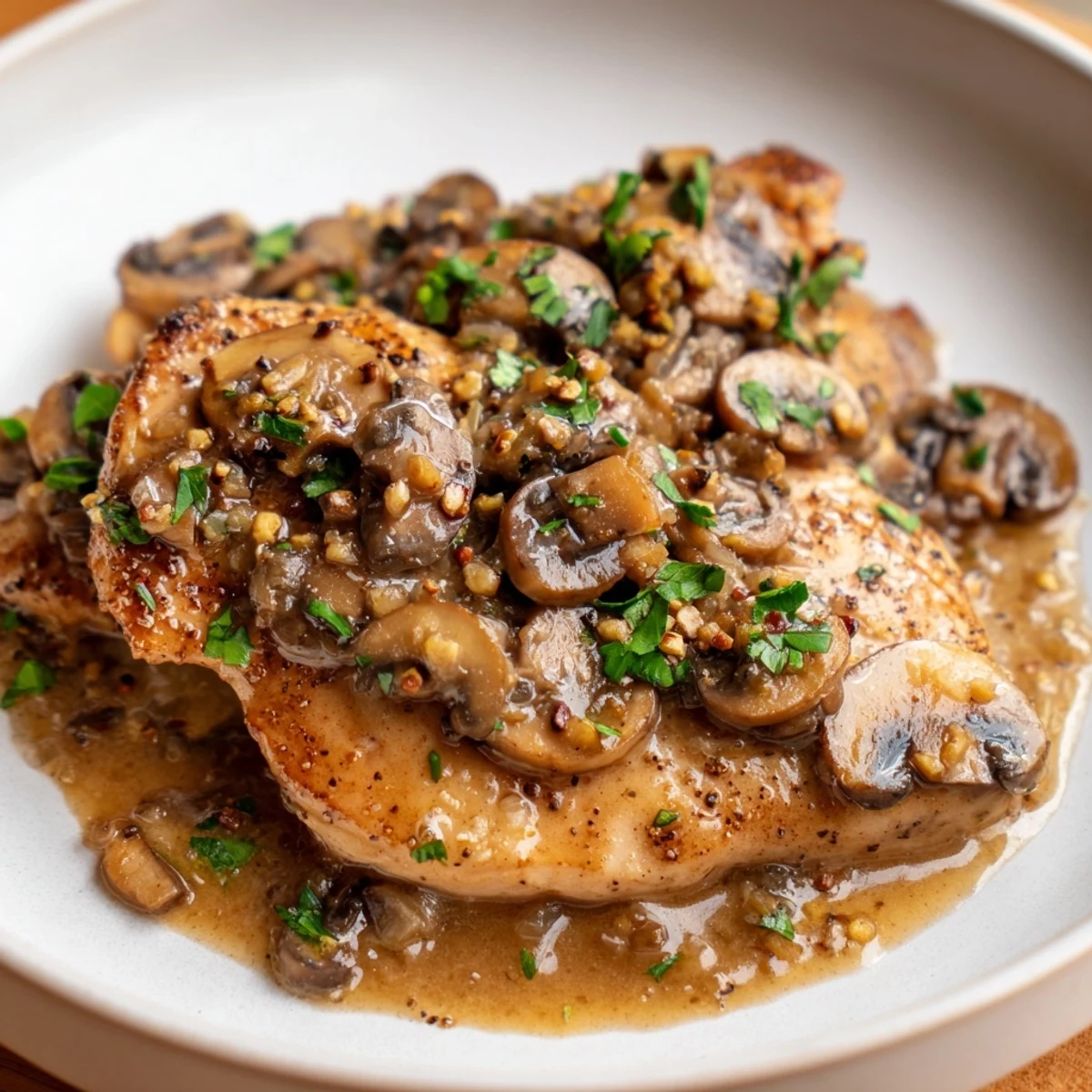 Juicy Chicken Marsala featuring sautéed mushrooms and fresh parsley, steaming alongside mashed potatoes and a lemon wedge.
