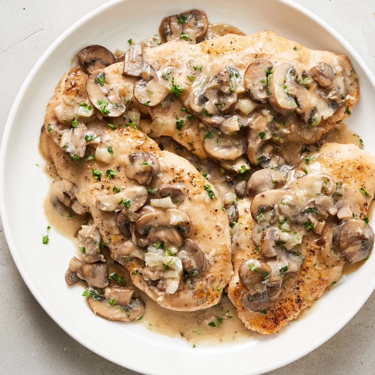Tender chicken breasts in a creamy mushroom Marsala sauce, garnished with parsley, paired with a green salad.