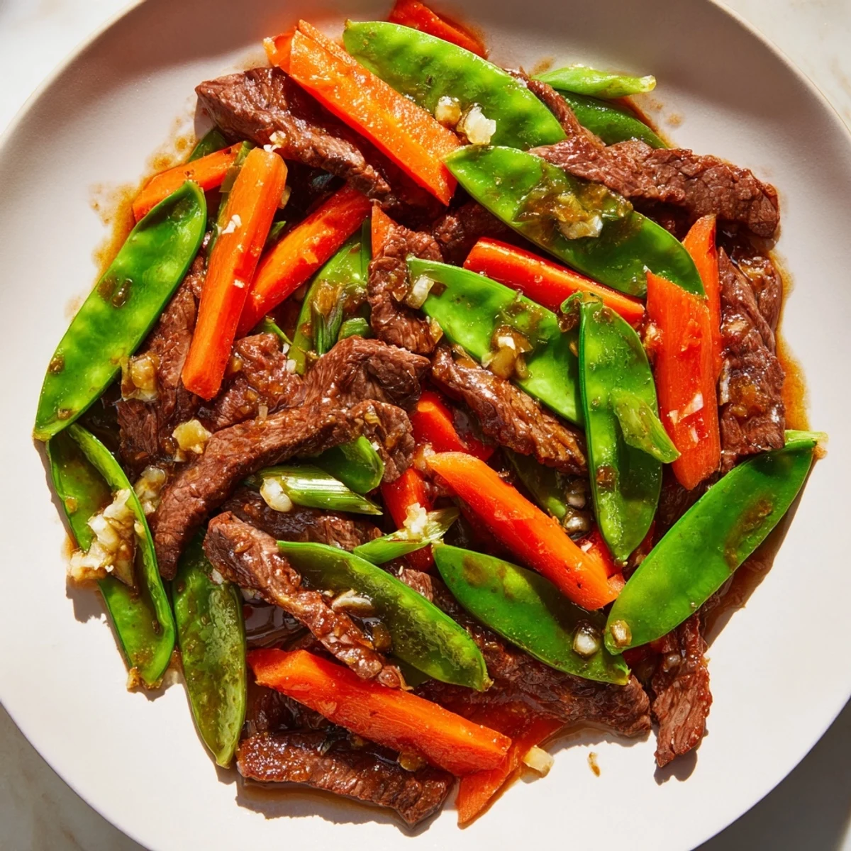 Tender strips of beef stir-fry with snow peas, carrots, and ginger in a glossy sauce.
