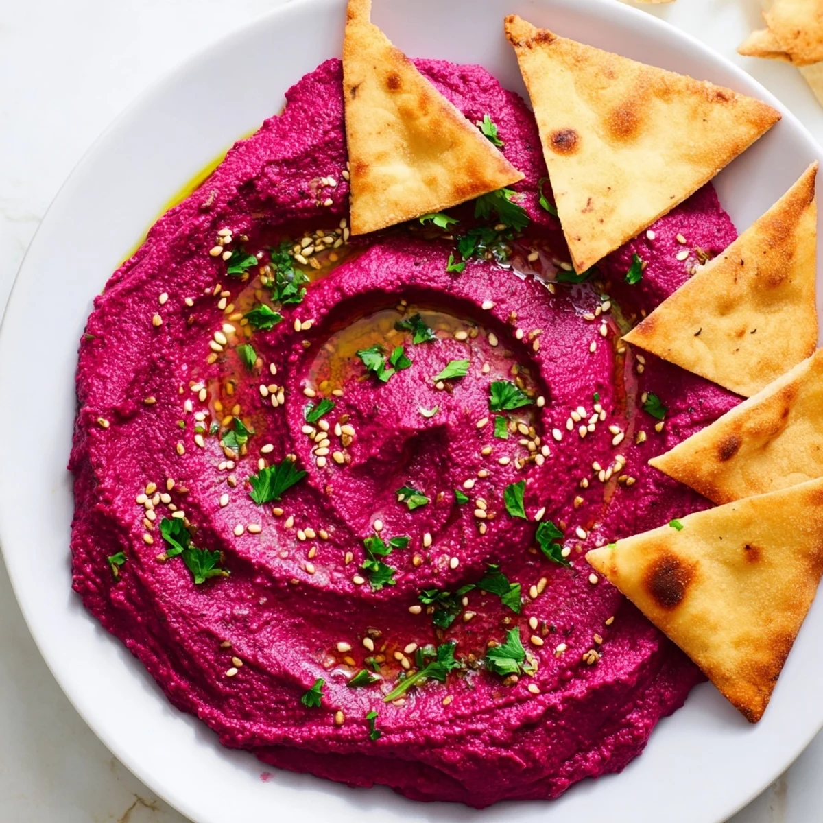 Creamy, vibrant roasted beet hummus in a bowl, garnished with parsley and sesame seeds, with golden toasted pita chips on the side.