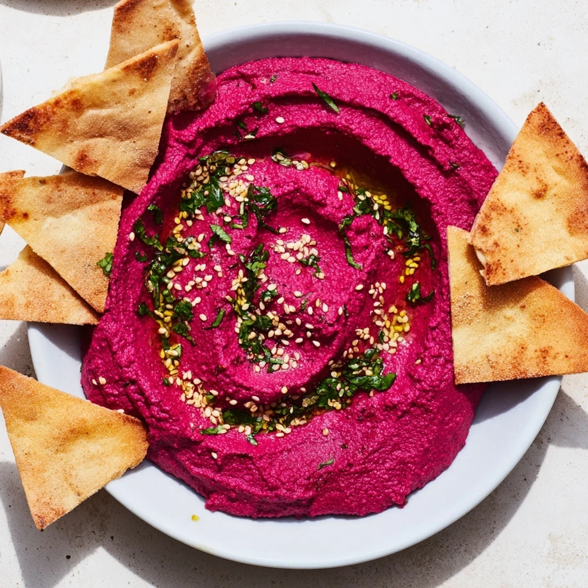 A platter of rich, pink roasted beet hummus paired with crisp, golden-brown pita triangles, perfect for a healthy appetizer spread.