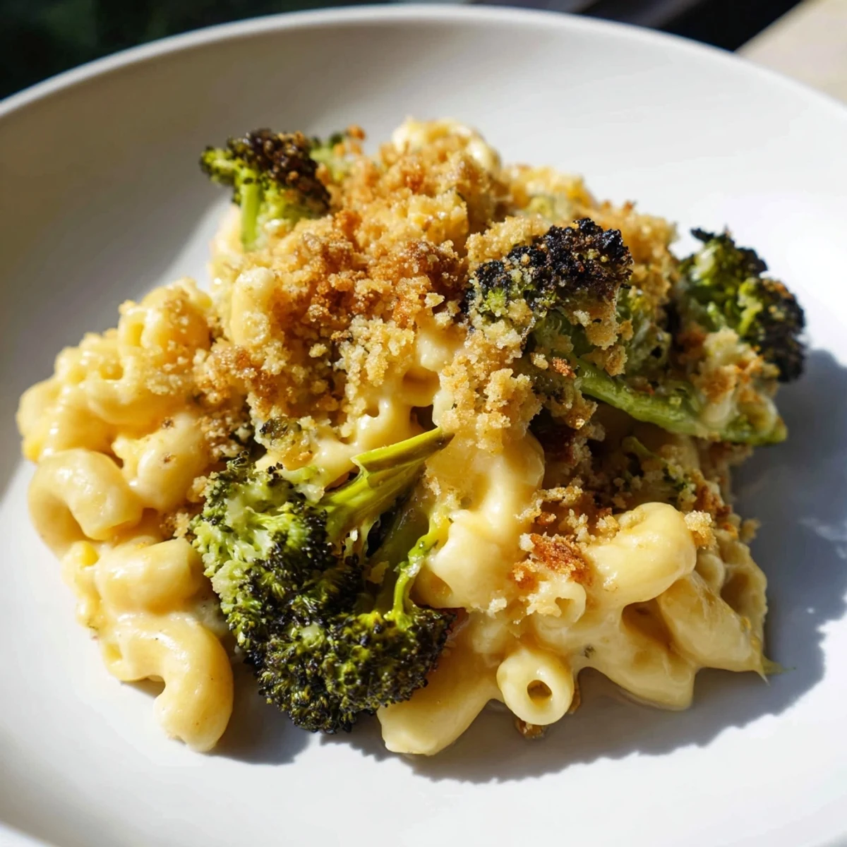 Golden-brown Baked Macaroni and Cheese with Roasted Broccoli bubbling in a ceramic dish, topped with toasted panko crumbs.