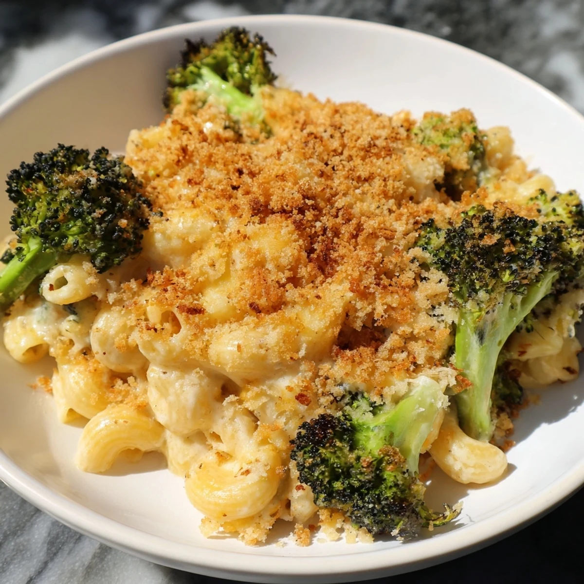 A serving spoon lifts creamy Baked Macaroni and Cheese with Roasted Broccoli, revealing tender green florets and melted cheese.