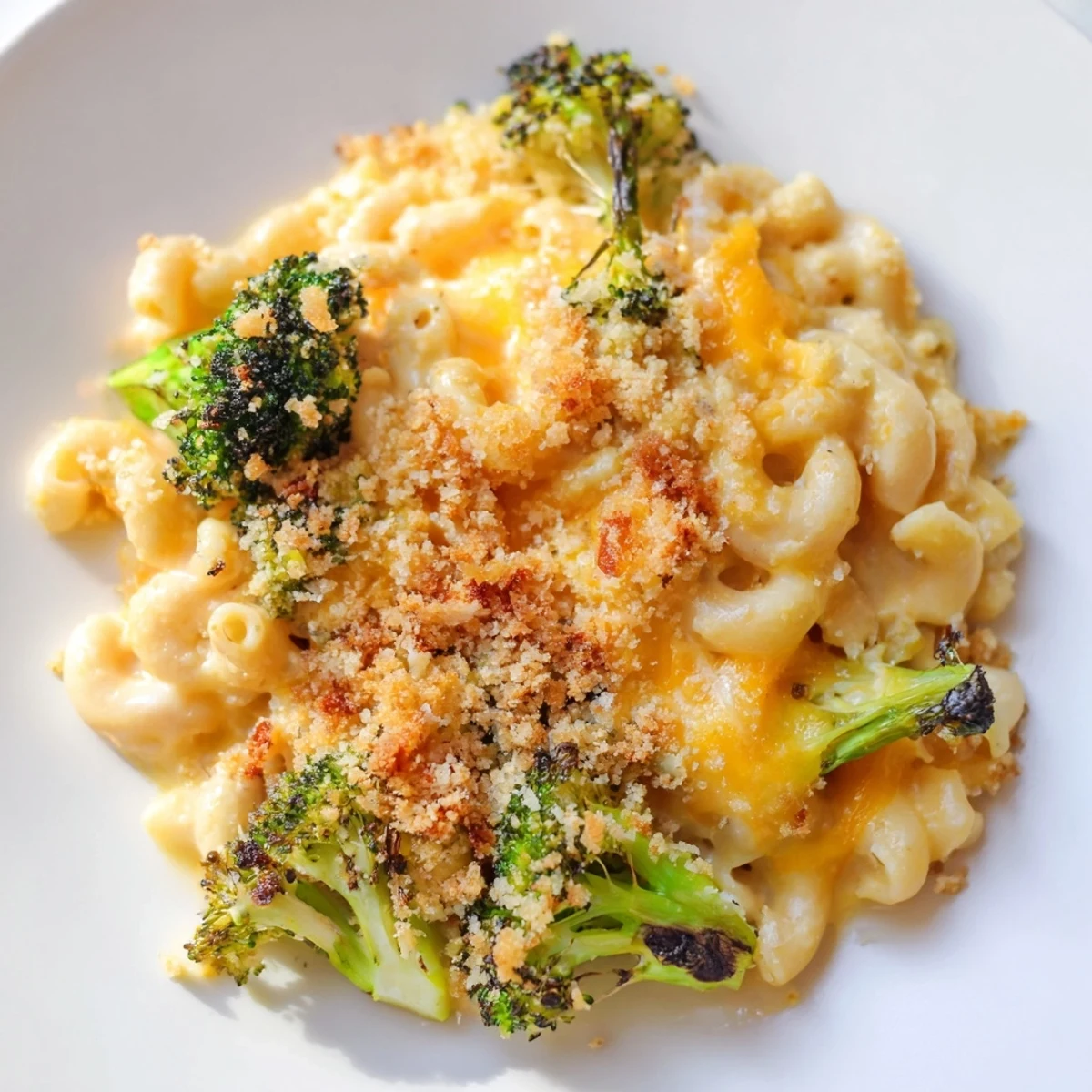 Close-up of Baked Macaroni and Cheese with Roasted Broccoli, showing cheddar-Gruyère sauce coating elbows and crispy roasted broccoli.