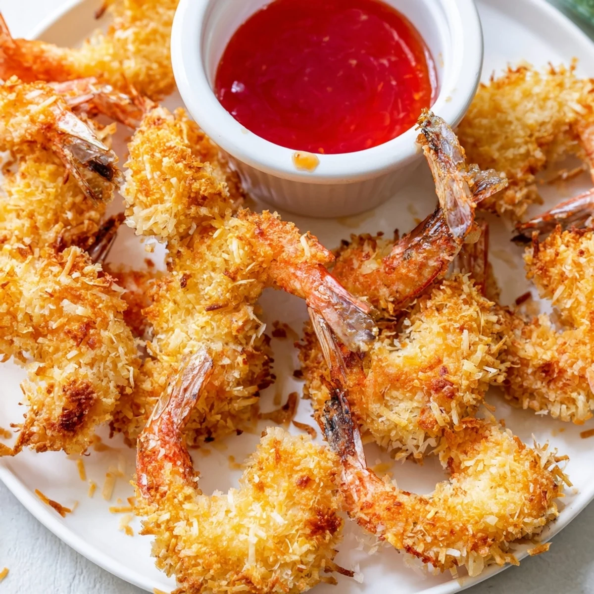 Perfectly crispy coconut shrimp piled high on a white plate with sweet chili sauce drizzled over the top for a bold flavor.