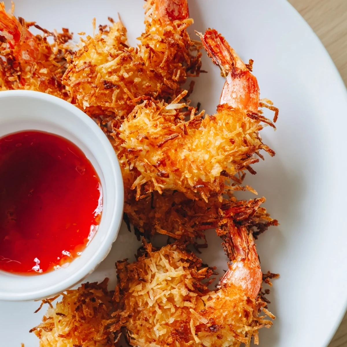 Golden fried crispy coconut shrimp topped with fresh lime wedges and a small bowl of sweet chili dipping sauce, served on a rustic wooden board.