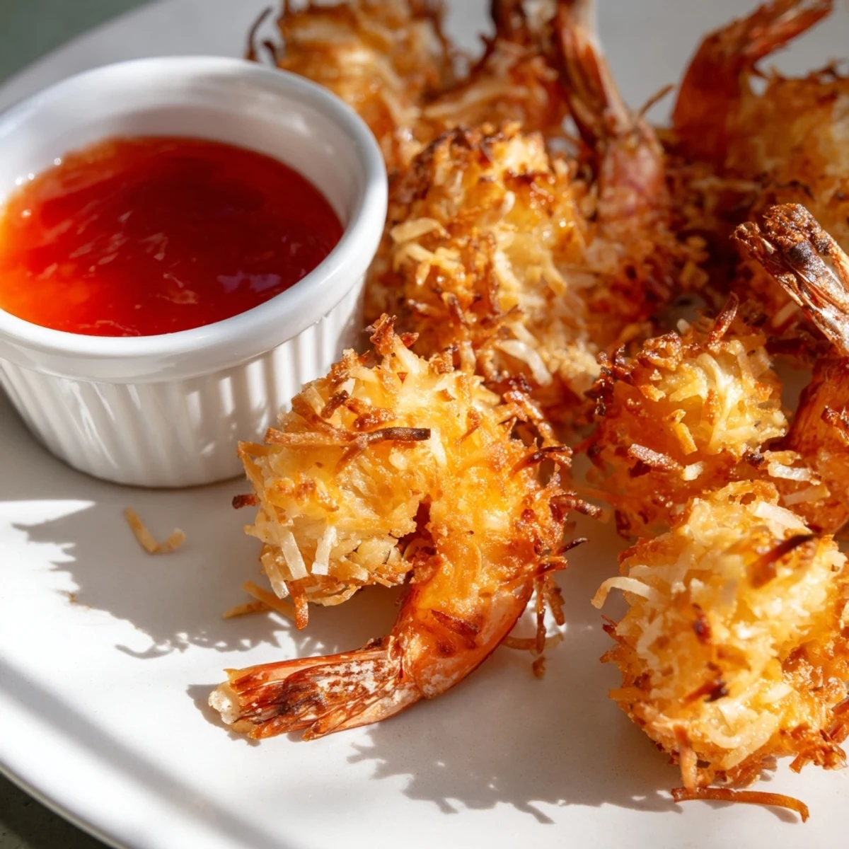Close-up shot of crispy coconut shrimp with a crunchy coconut crust, served alongside a vibrant sweet chili dipping sauce.