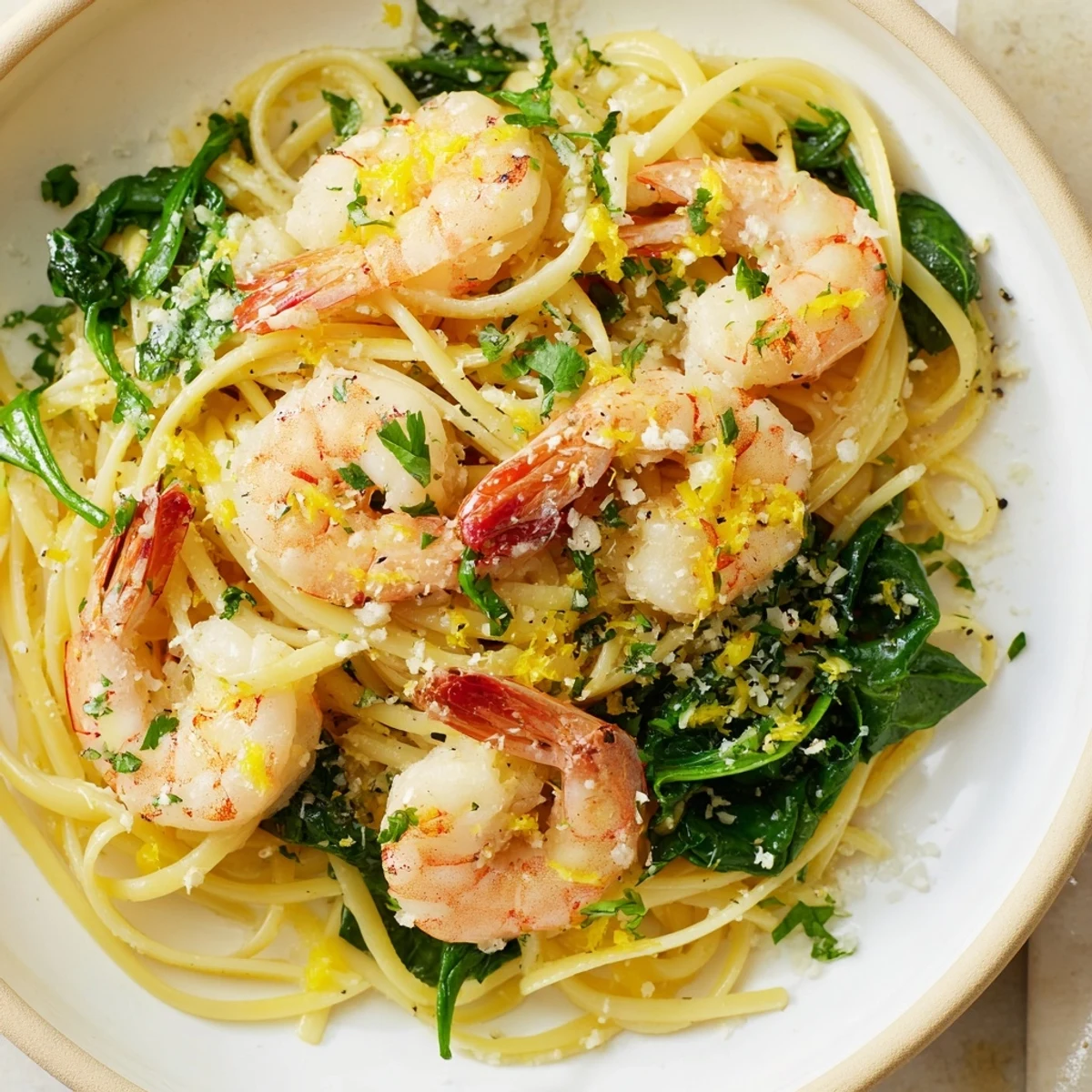 Close-up of Lemon Garlic Shrimp Pasta with Fresh Baby Spinach on a white plate, with golden shrimp and wilted greens.