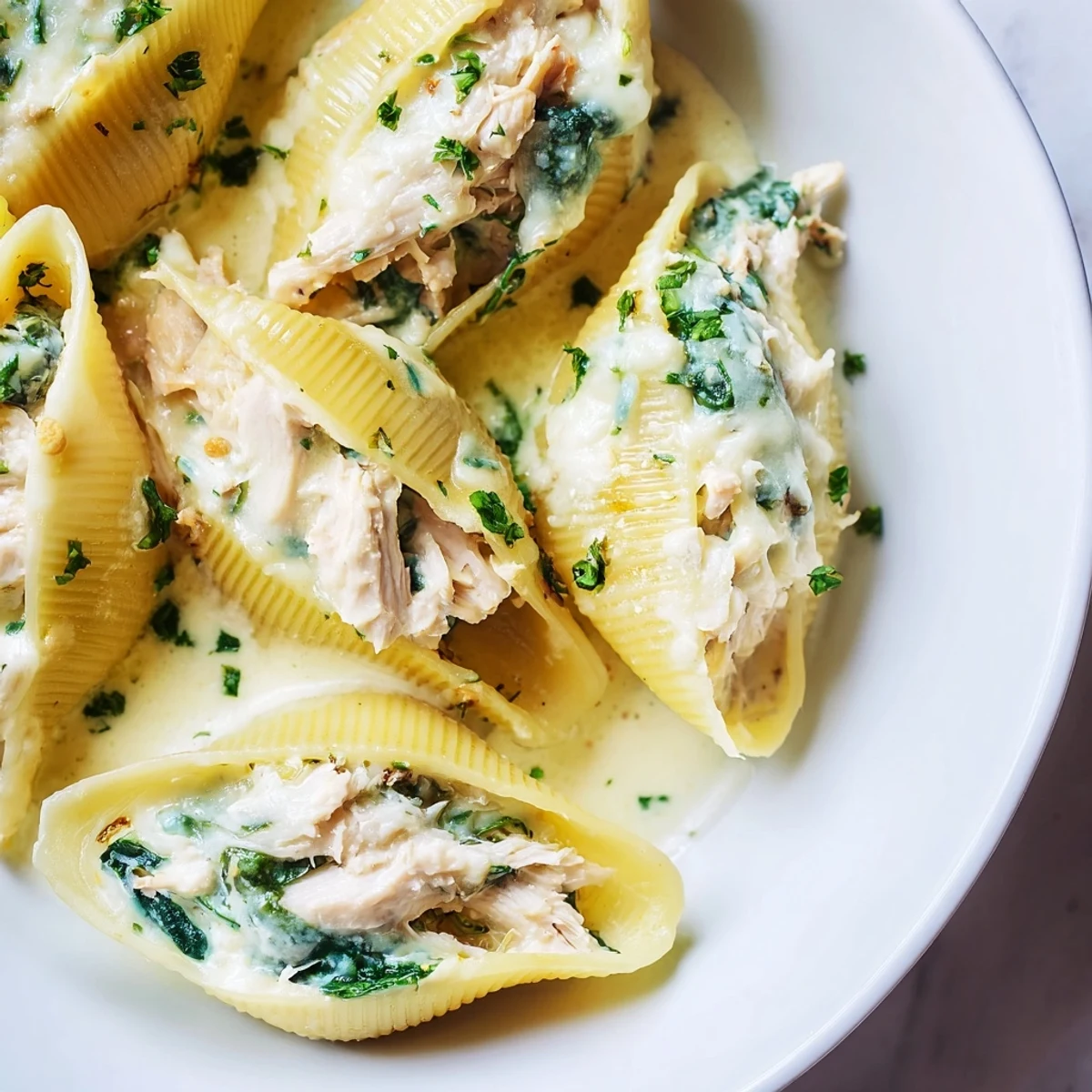 Golden-brown baked Chicken Alfredo Stuffed Shells with spinach and cheese, served hot and bubbly from the oven.
