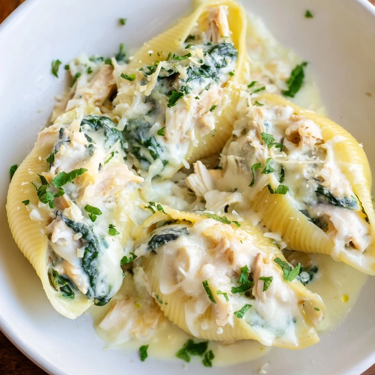 Creamy ricotta and tender shredded chicken fill jumbo pasta shells in rich Alfredo sauce, topped with melted mozzarella.