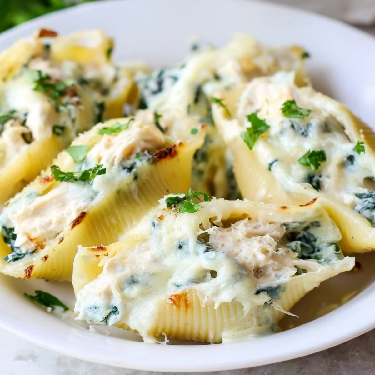Fresh parsley garnishes this comforting Chicken Alfredo Stuffed Shells dinner, paired with a side salad for a complete meal.