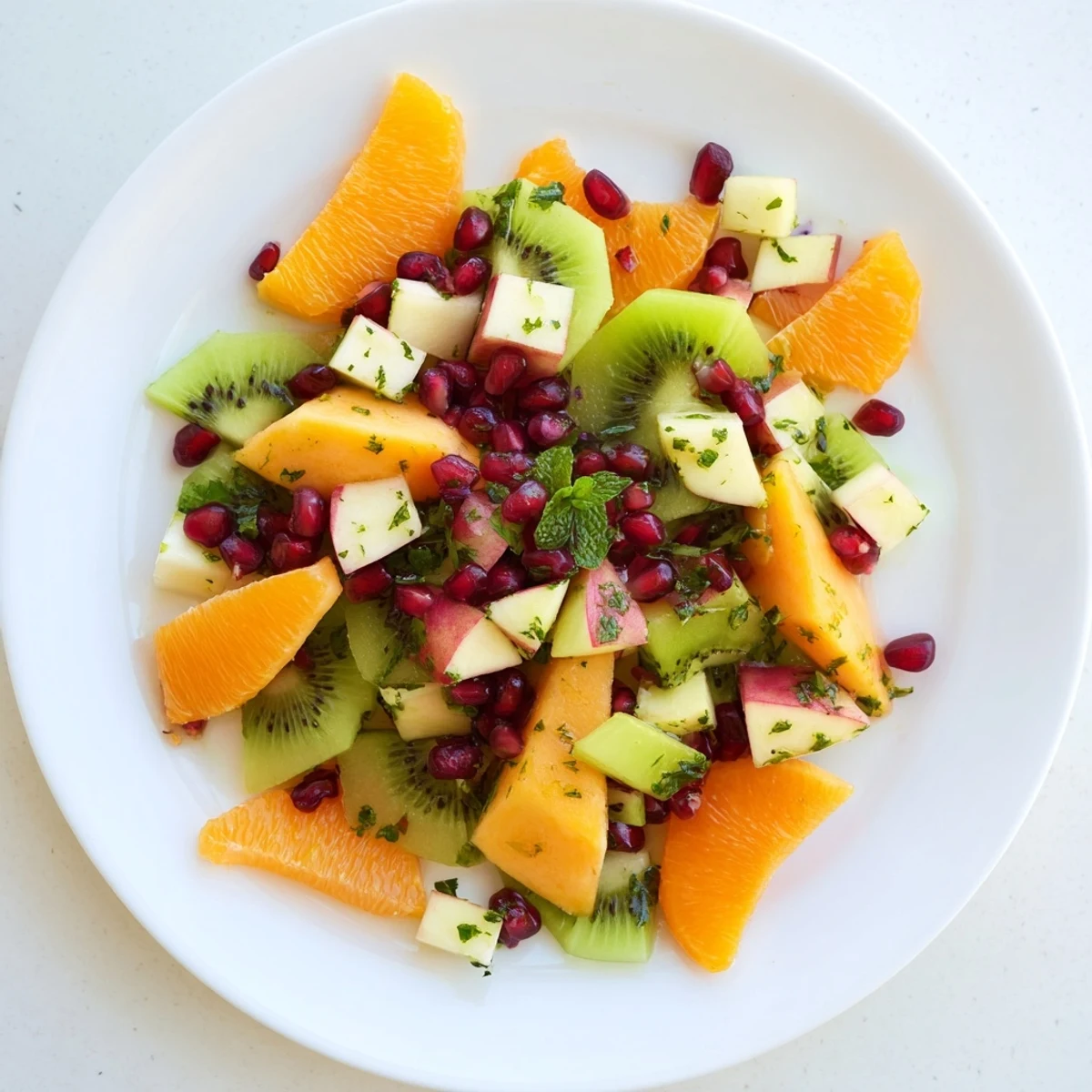 A serving bowl of vibrant Winter Fruit Salad with Honey Lime Mint Dressing, featuring jewel-like pomegranate arils and fresh mint leaves, perfect as a light dessert or side. 