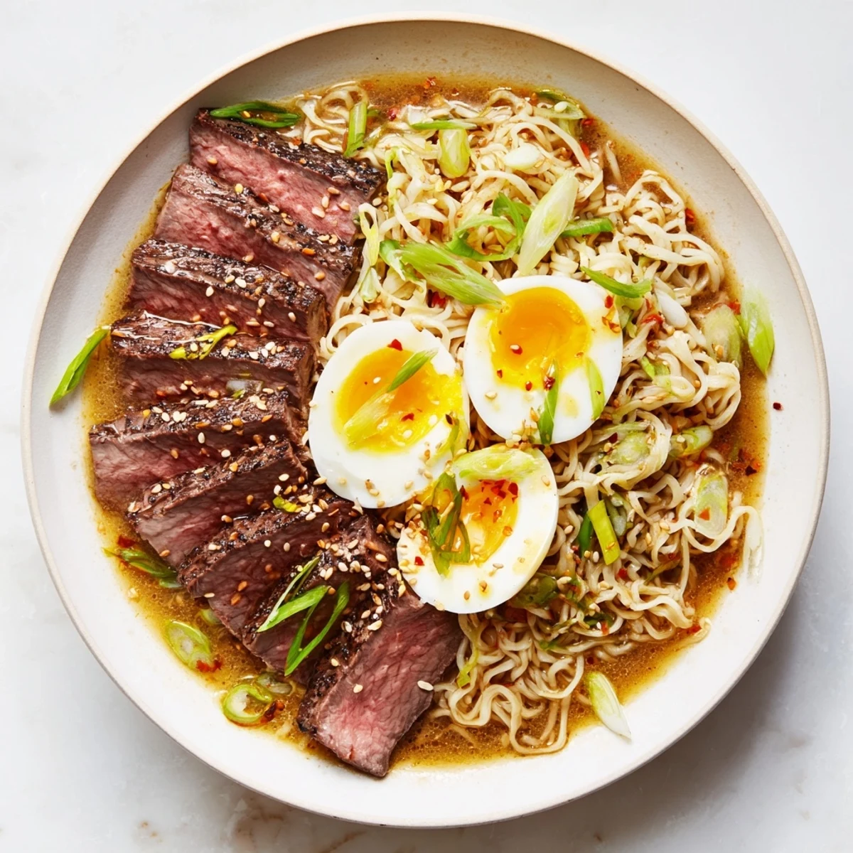 Close up of Spicy Beef Ramen with Soft Boiled Egg and Scallions topped with halved jammy eggs and fresh green scallions.