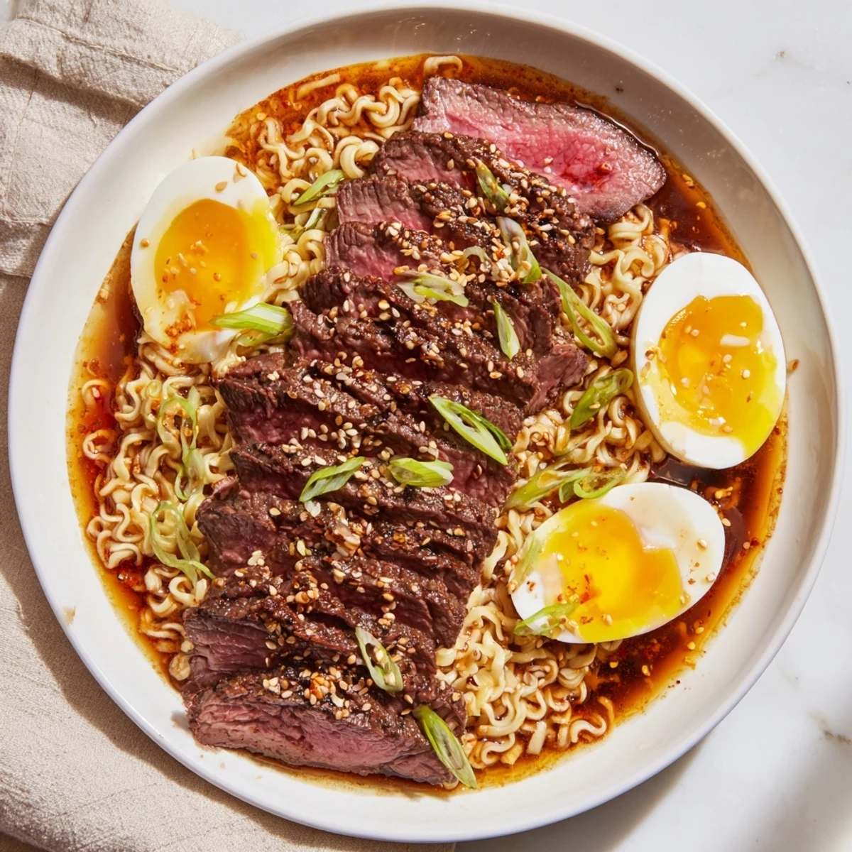 Spicy Beef Ramen with Soft Boiled Egg and Scallions with tender beef slices and silky noodles in a steaming aromatic broth.