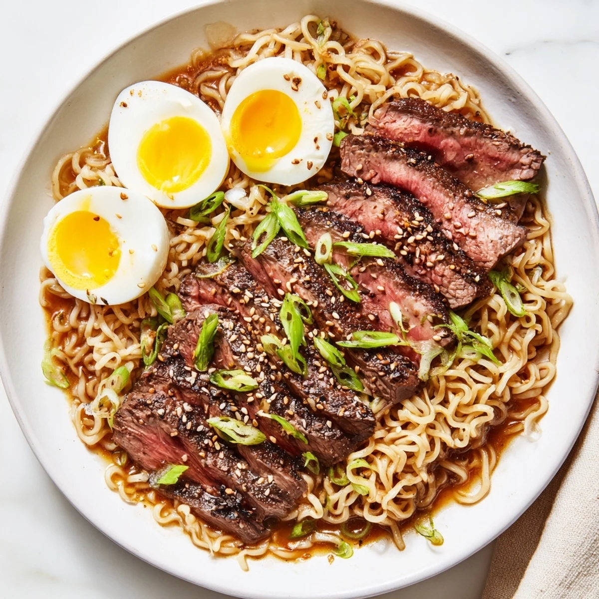 A comforting bowl of Spicy Beef Ramen with Soft Boiled Egg and Scallions beside chopsticks on a wooden table.