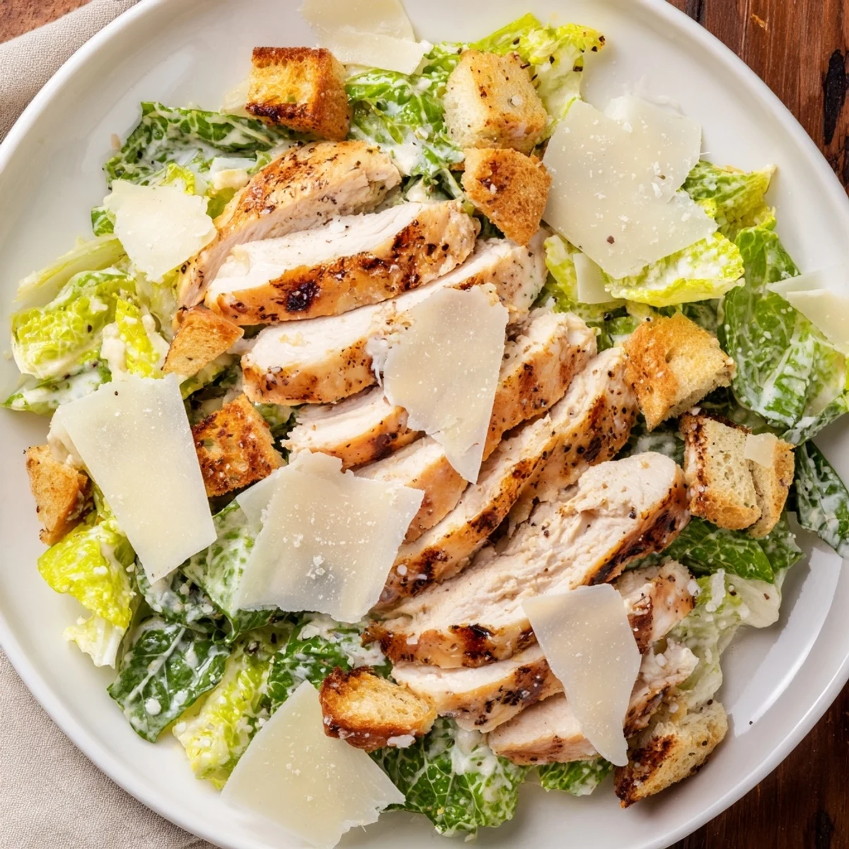 Juicy grilled chicken slices rest atop crisp romaine lettuce and homemade garlic croutons, all tossed in a creamy Caesar dressing in this Chicken Caesar Salad.
