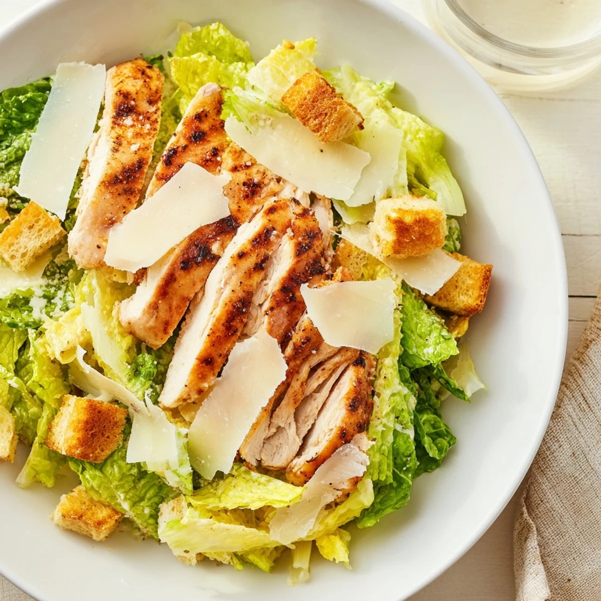 A close-up of Chicken Caesar Salad shows golden baked croutons, shaved Parmesan, and fresh black pepper over bright greens with tender chicken pieces.