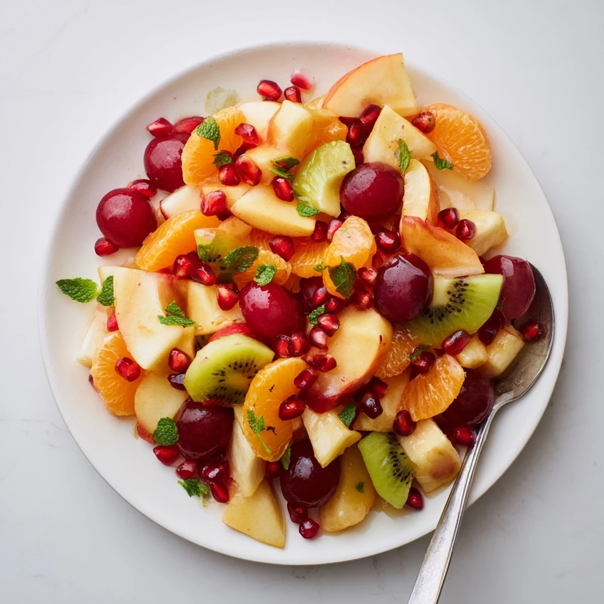 A close-up of Winter Fruit Salad with Mint, showcasing vibrant orange segments, diced apples, and ruby pomegranate seeds glistening with a light citrus dressing.  
