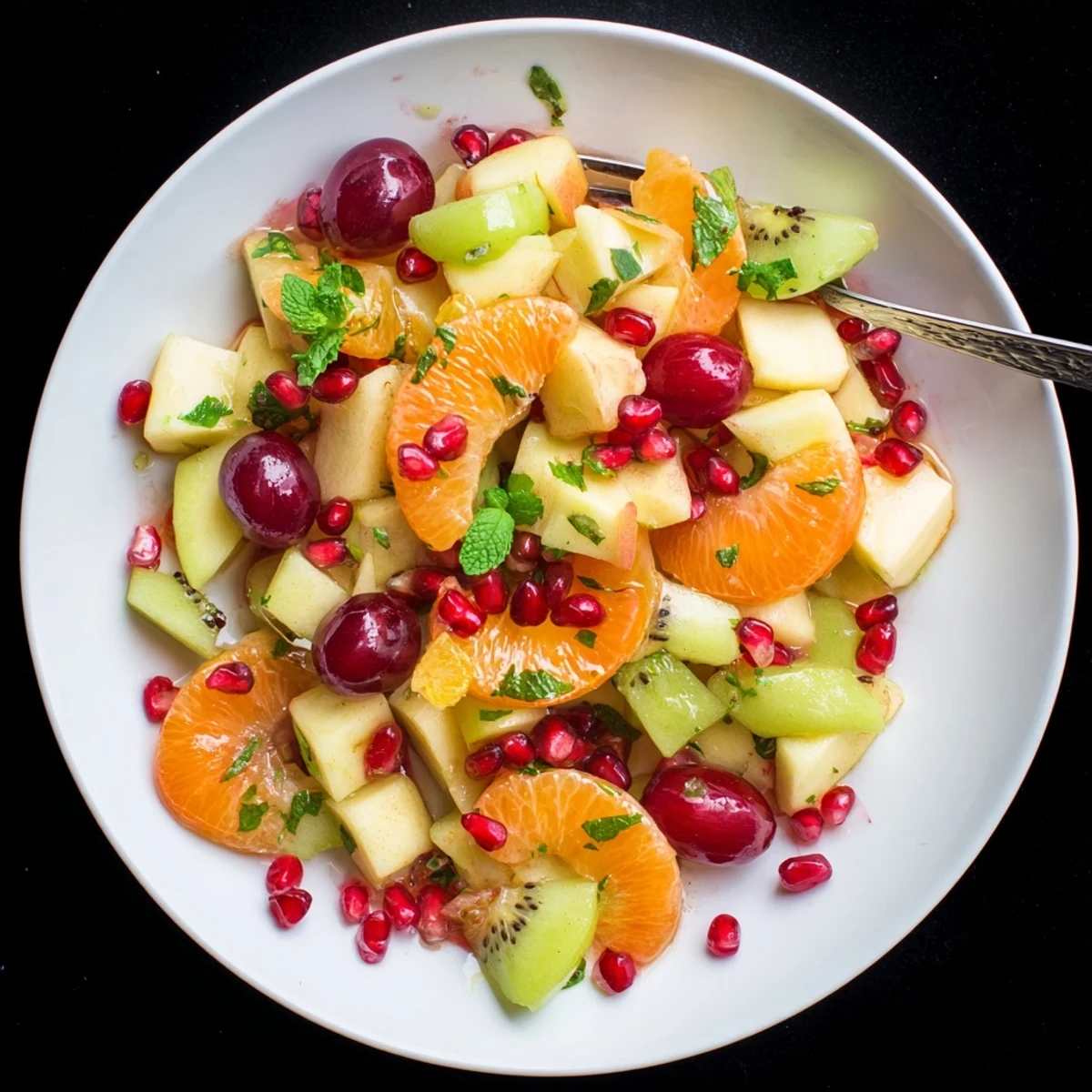 Winter Fruit Salad with Mint served in a rustic bowl, featuring halved grapes, sliced kiwi, and pear, topped with freshly chopped mint leaves for a festive touch.  