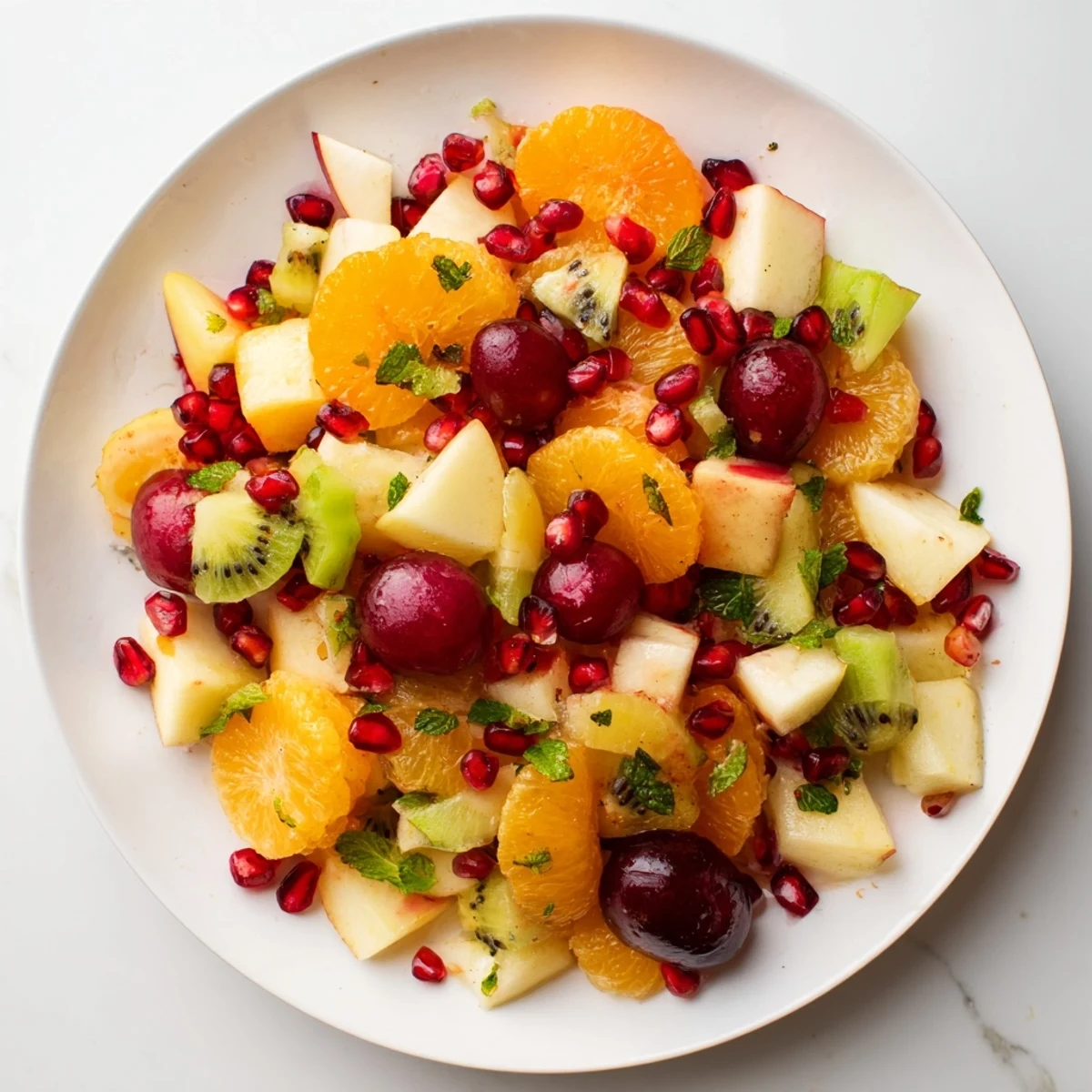A colorful bowl of Winter Fruit Salad with Mint, perfectly chilled and tossed with lime juice, maple syrup, and a hint of cinnamon for a refreshing vegan side dish.