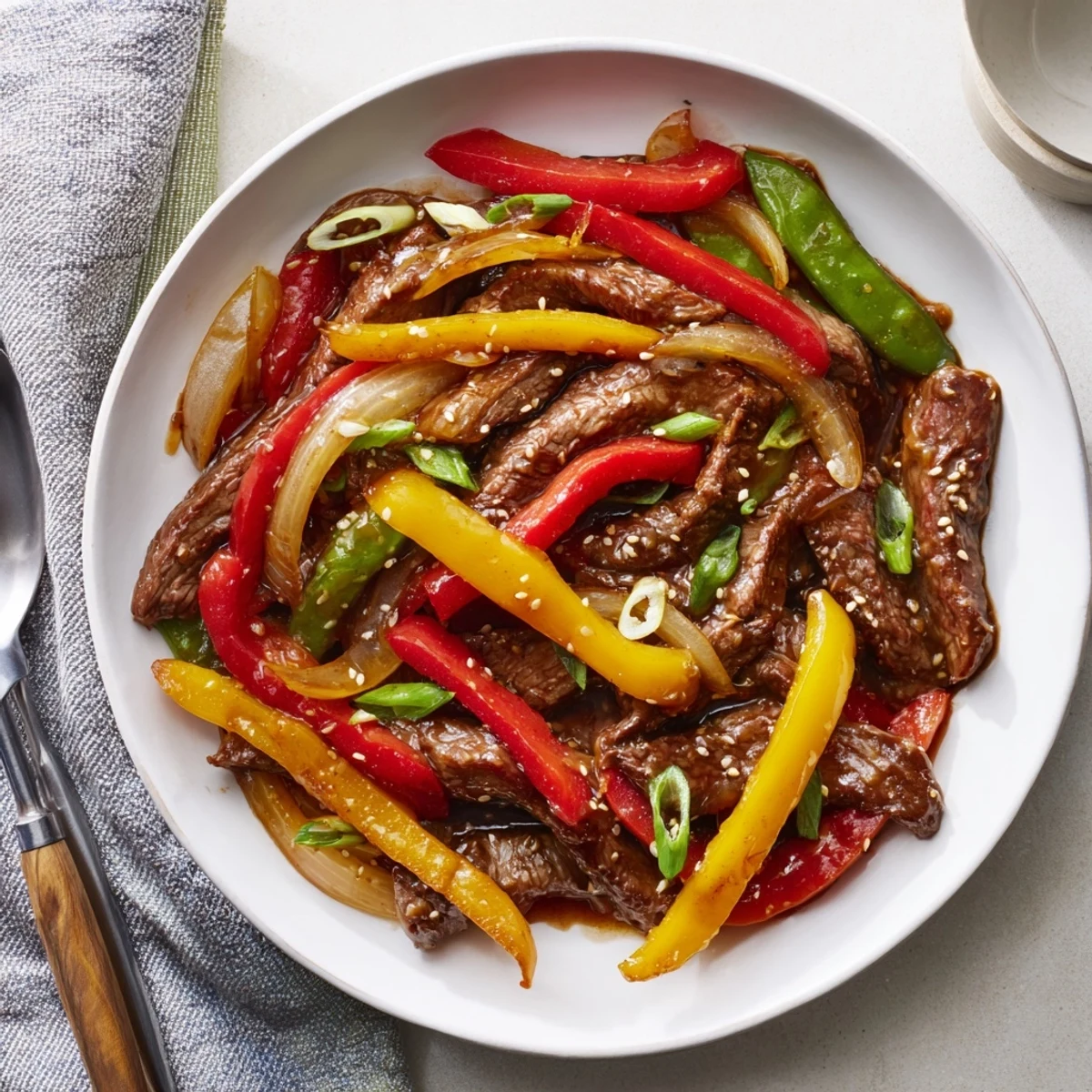Steaming, tender beef strips with crisp bell peppers and snow peas in a spicy stir-fry sauce.