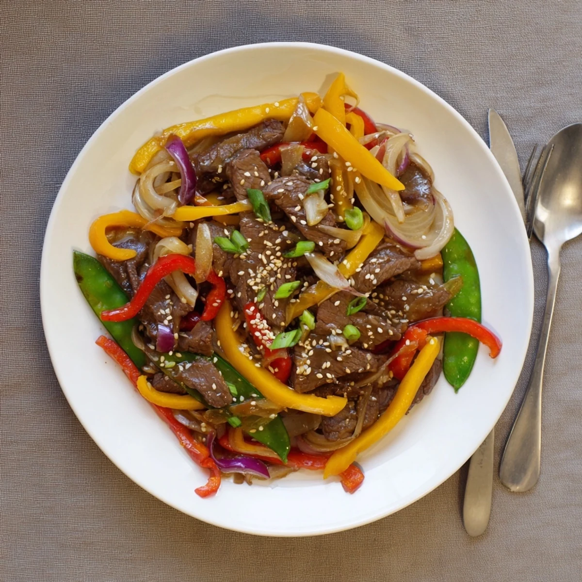 Sizzling Spicy Beef Stir Fry in a hot wok, garnished with sesame seeds and green onions.