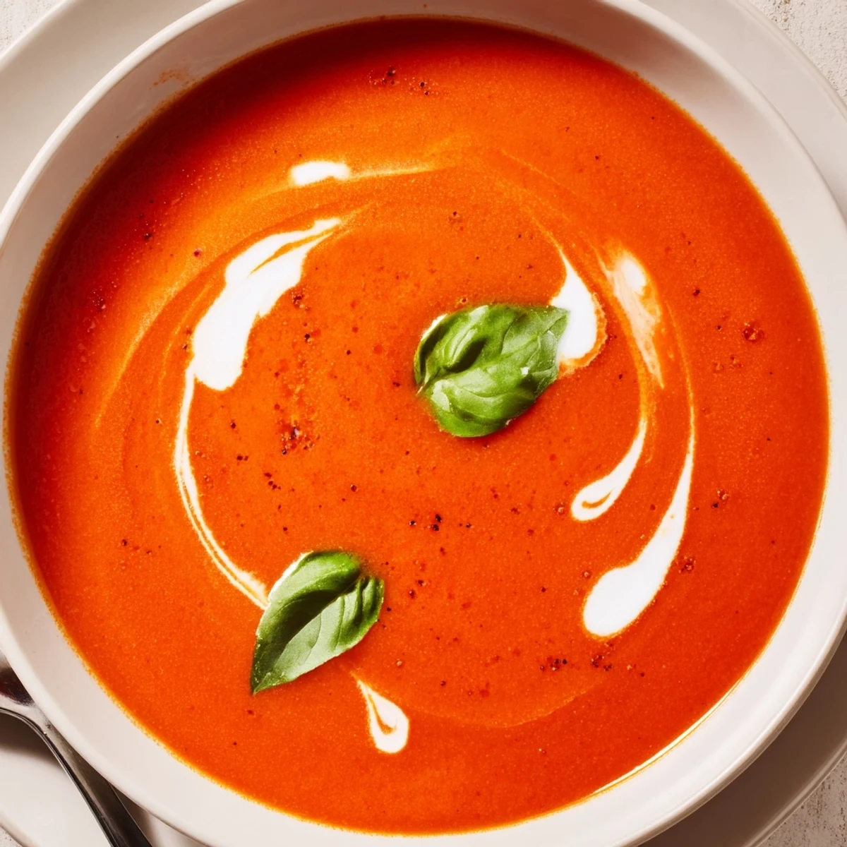 A cozy bowl of Creamy Tomato Soup paired with a grilled cheese sandwich and crusty bread.