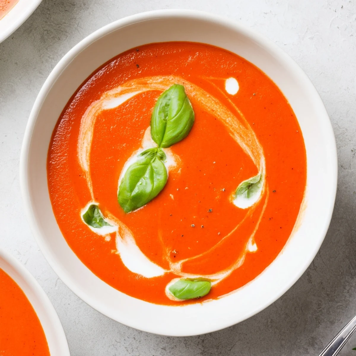 Creamy Tomato Soup served steaming in a rustic bowl, garnished with fresh basil and a drizzle of cream.