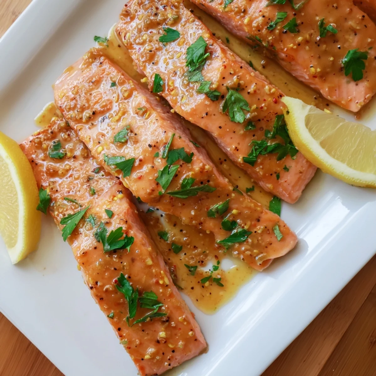 Golden-baked salmon fillets glistening with honey mustard glaze, garnished with fresh parsley and lemon wedges.