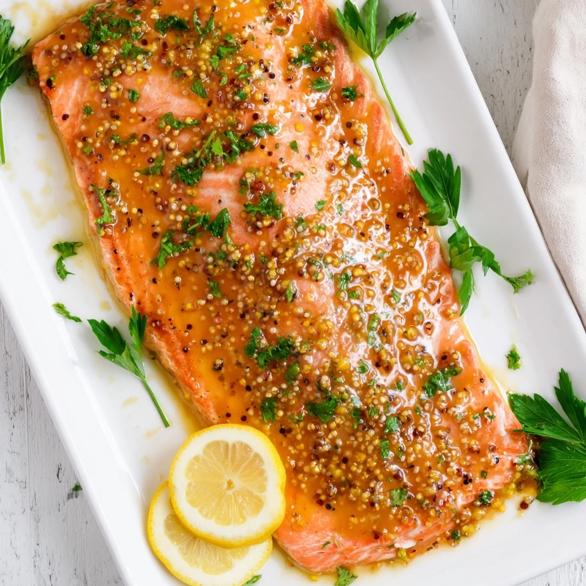 Healthy Baked Salmon with Honey Mustard served with roasted asparagus and a side of wild rice for dinner.