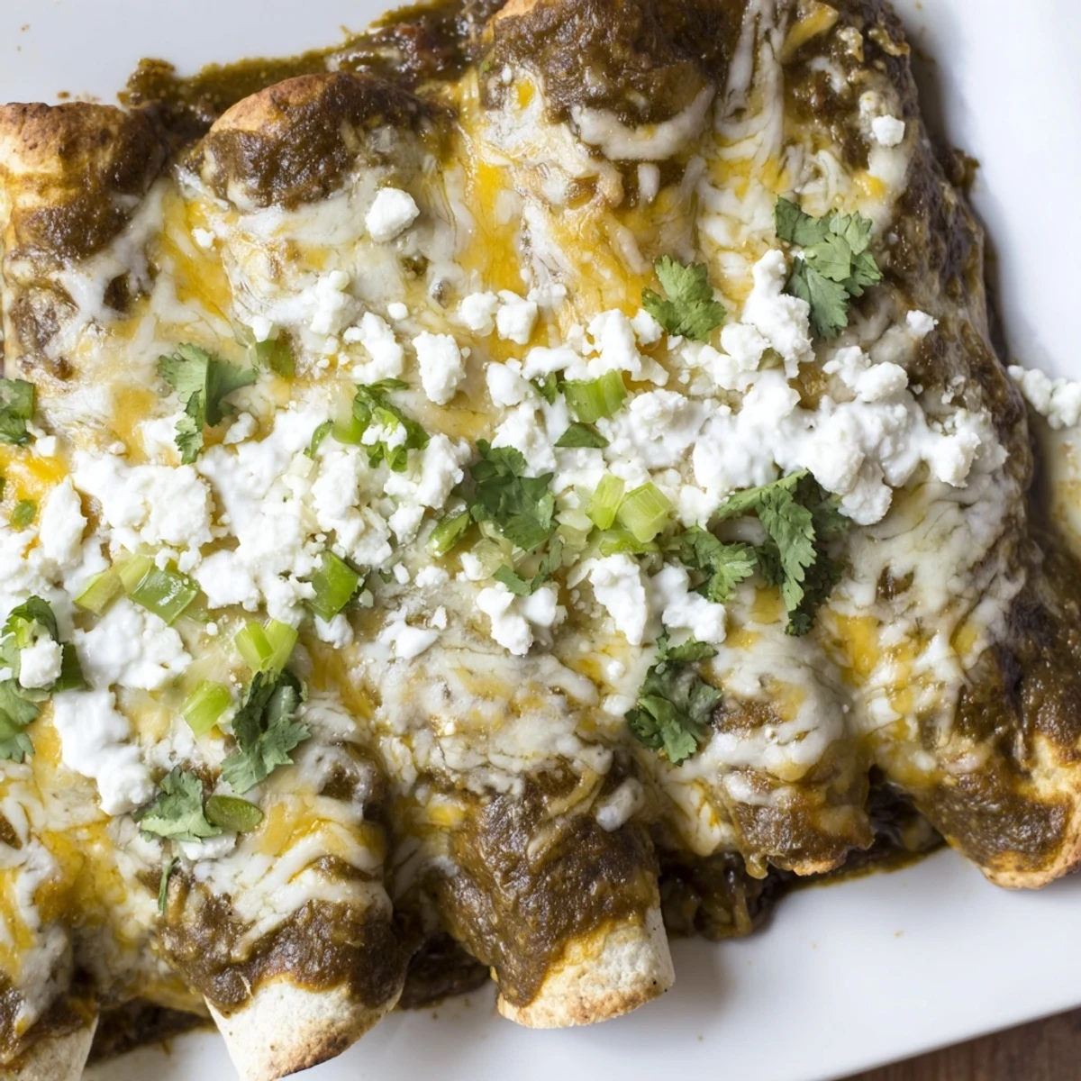 Golden-brown Beef Enchiladas with Green Sauce served on a plate, drizzled with tangy sauce and fresh green onions for a festive meal.